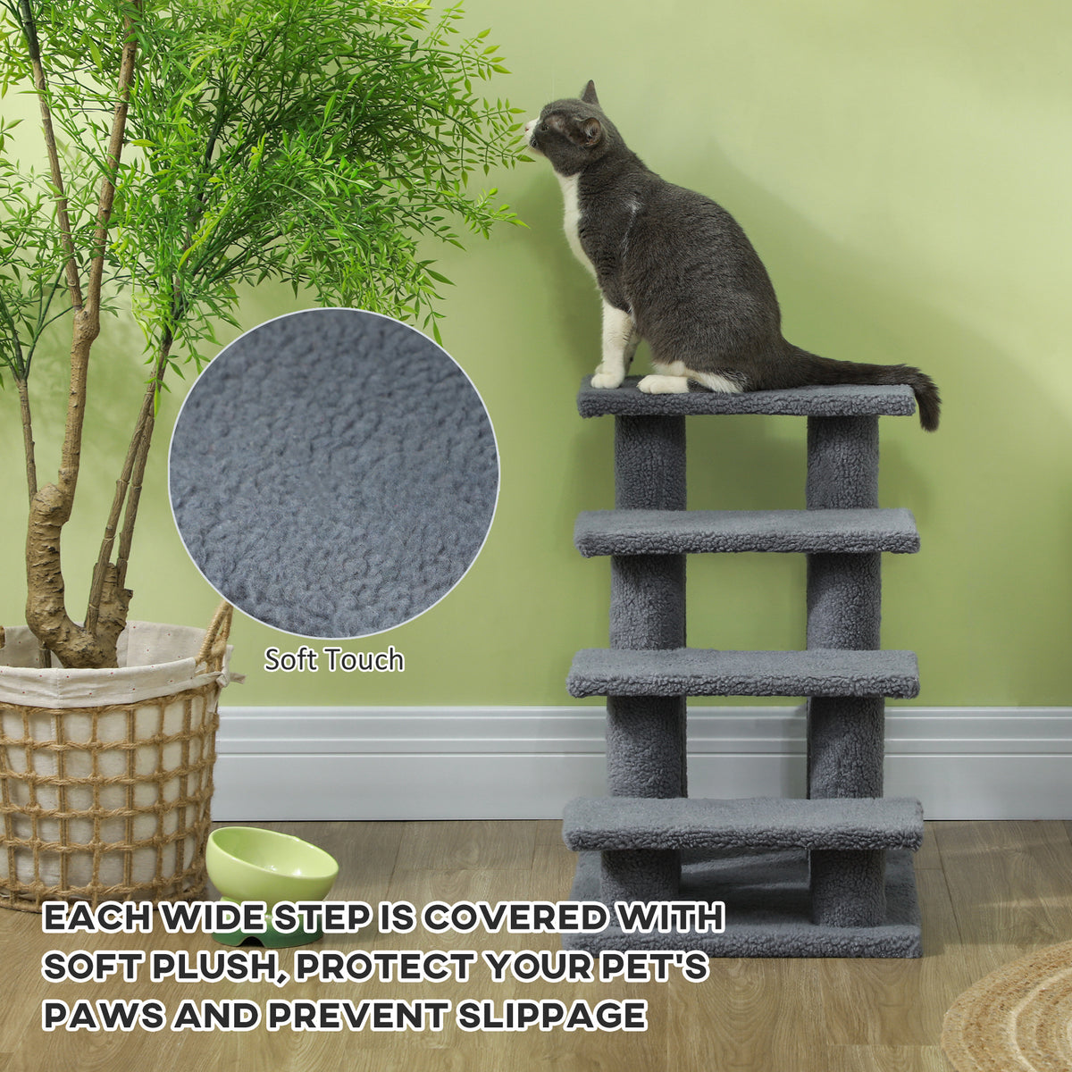 Grey plush pet stairs with a cat on top, showing the soft step covering