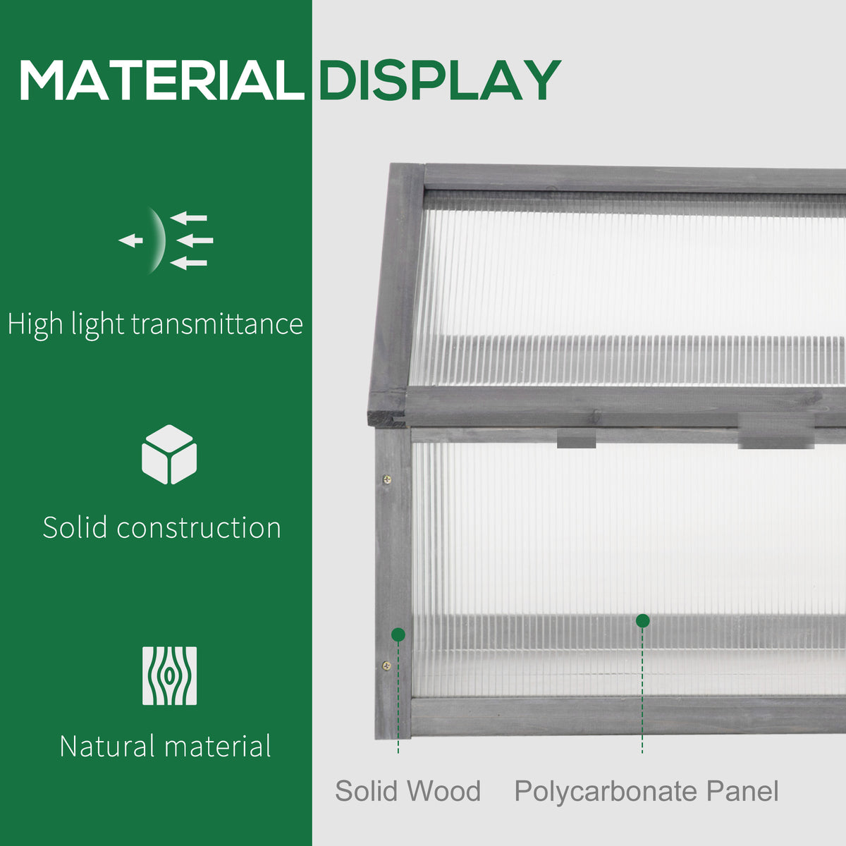 Outsunny cold frame detail showing gray wood frame and translucent polycarbonate panels