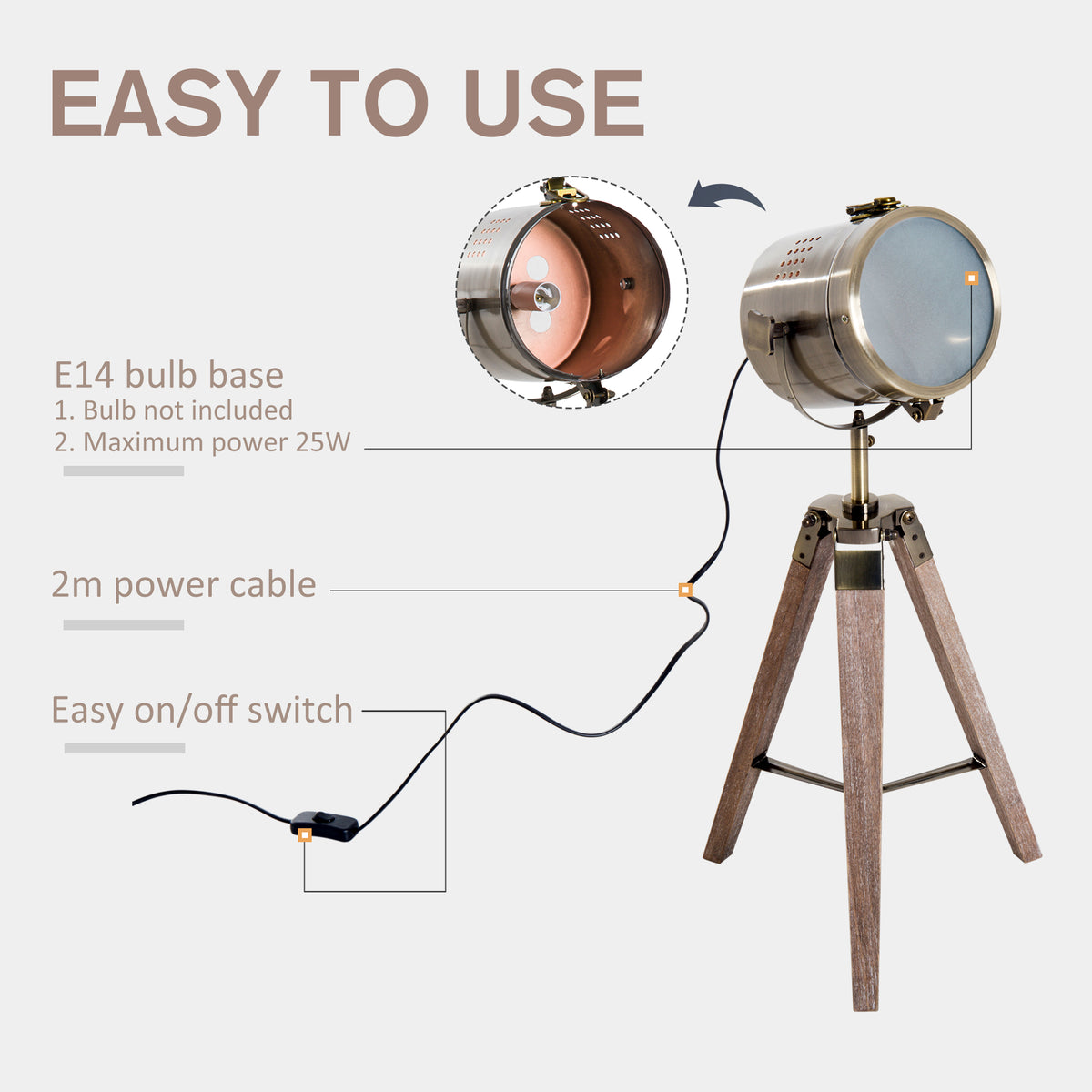 HOMCOM spotlight lamp with open bulb housing, wooden tripod, power cord and inline switch