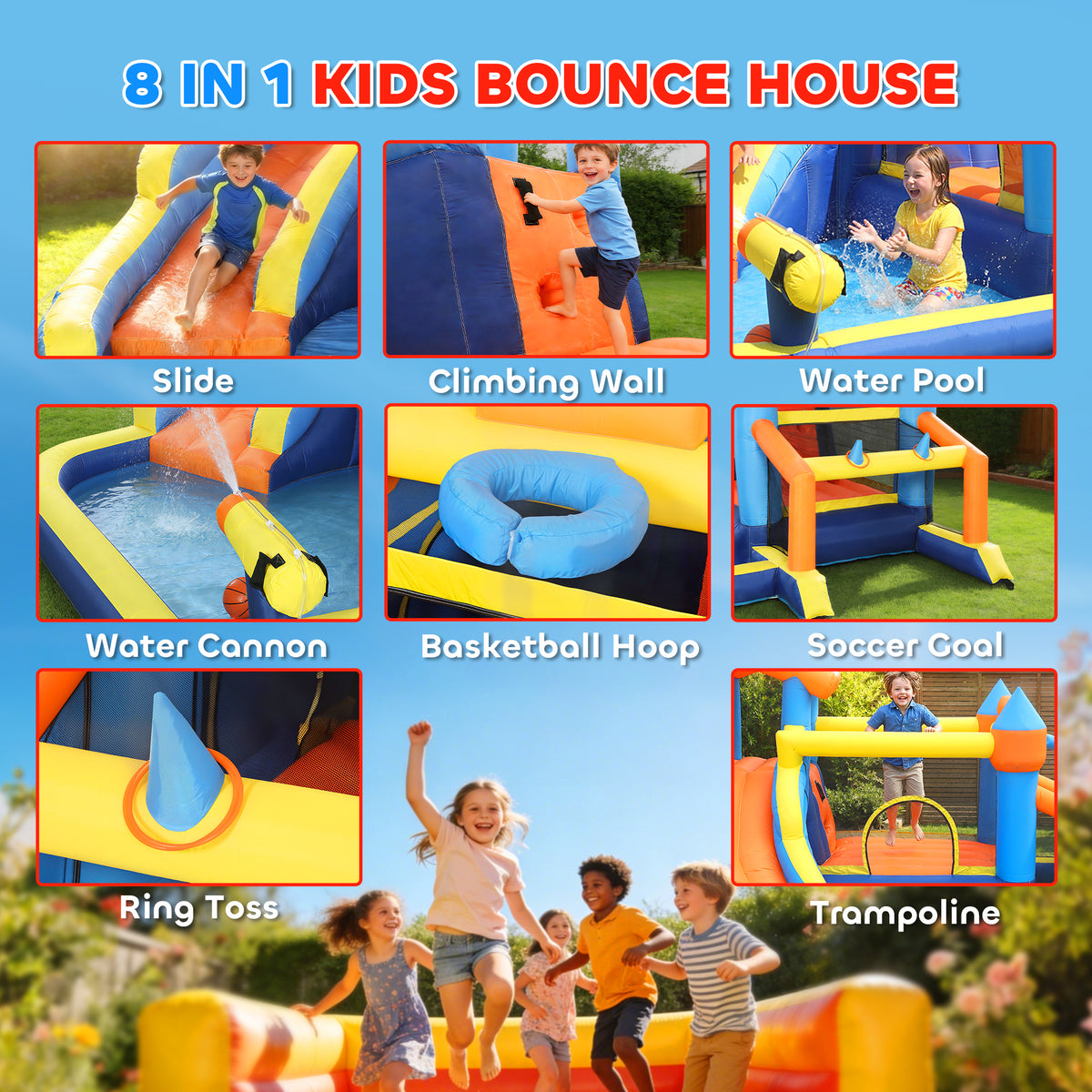 AIYAPLAY Bouncy Castle for Kids, Inflatable Bounce House with Long Slide, Splash Pool and 550W Blower for Indoor Outdoor