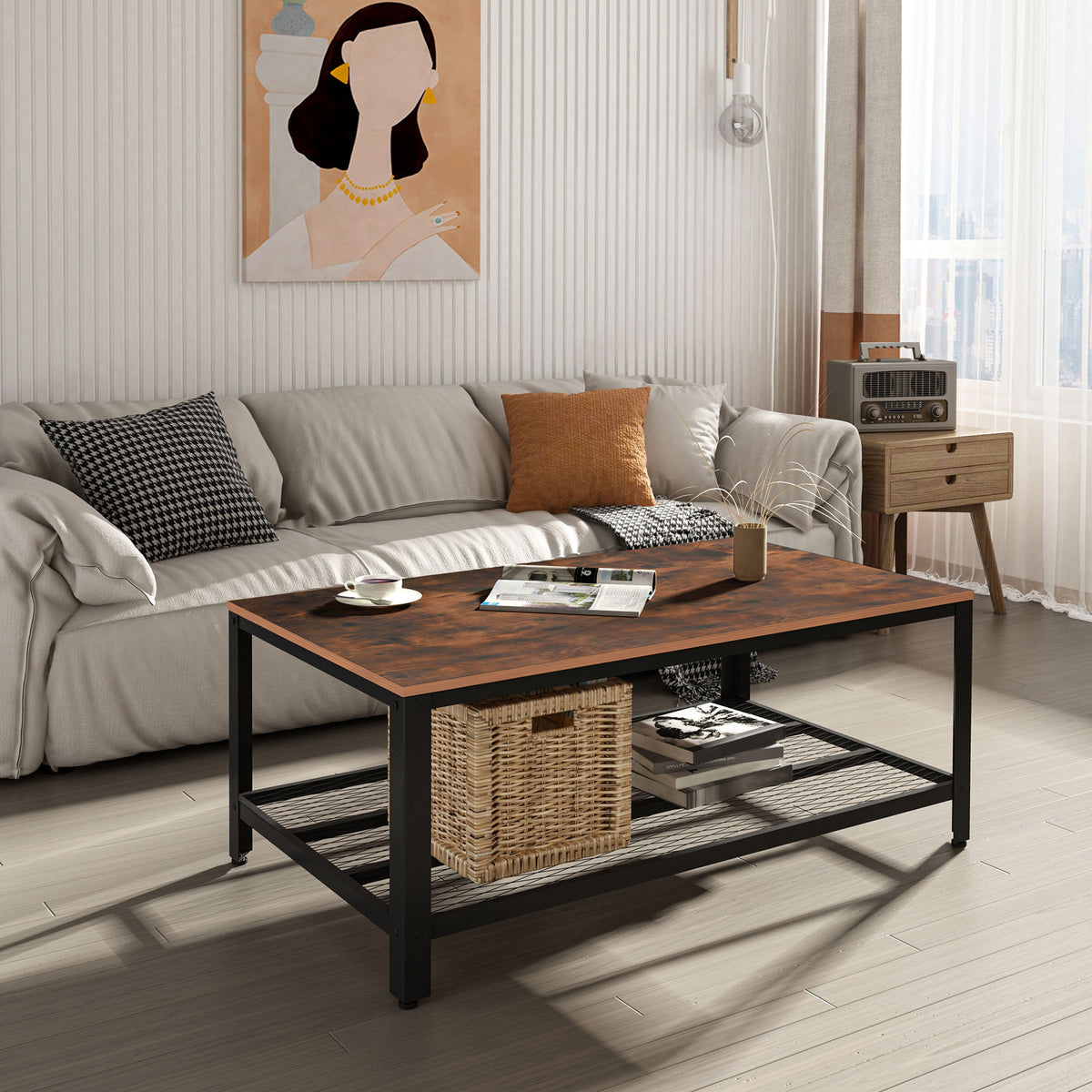 Industrial coffee table with rustic brown top and black mesh storage shelf