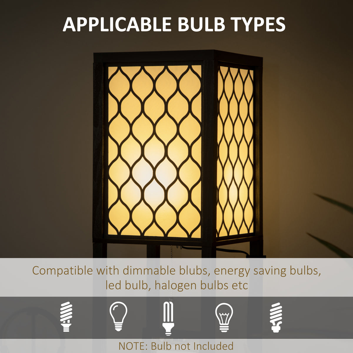Black floor lamp with patterned fabric shade, shown lit with compatible bulb types.