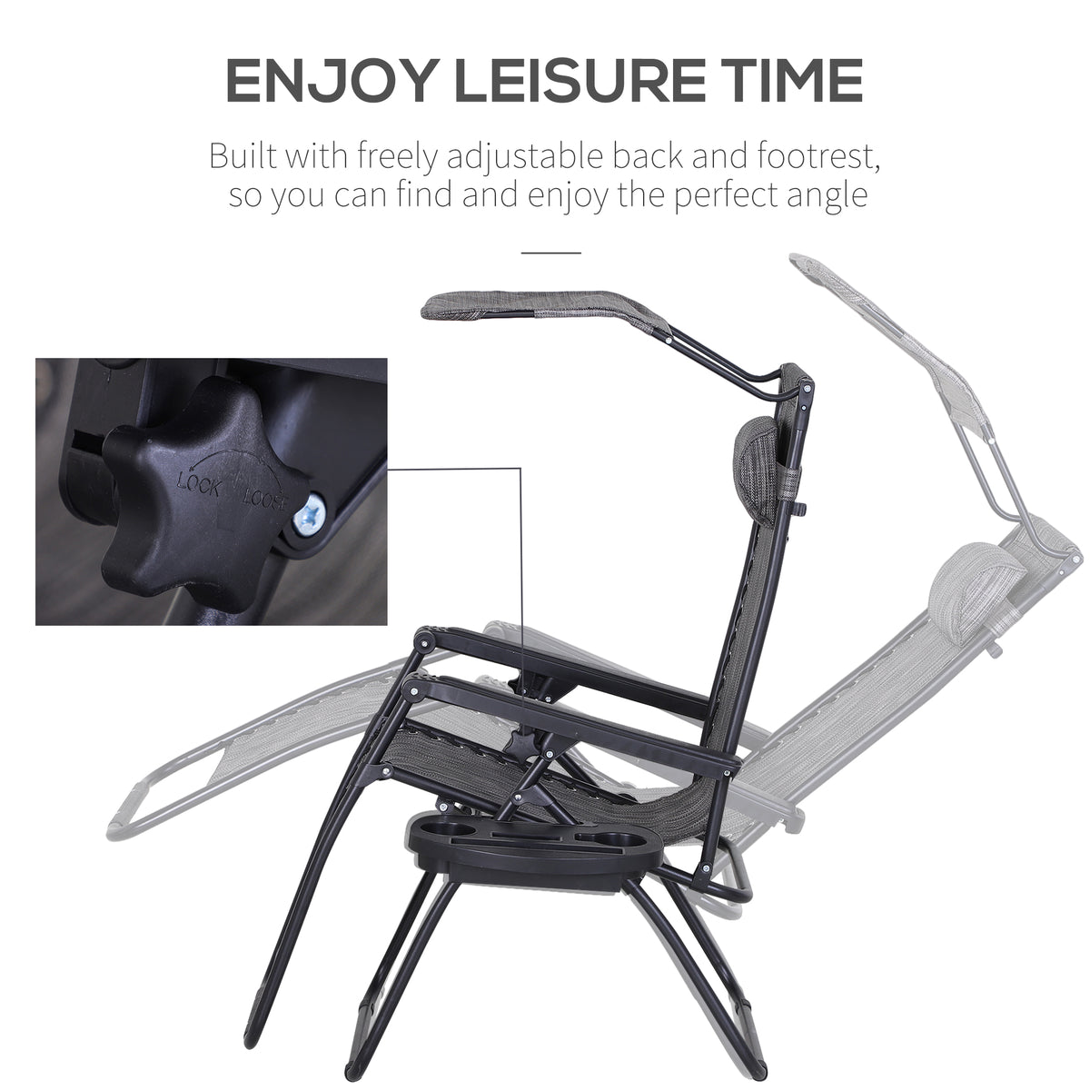 Gray reclining garden chair shown at adjustable back and footrest angles