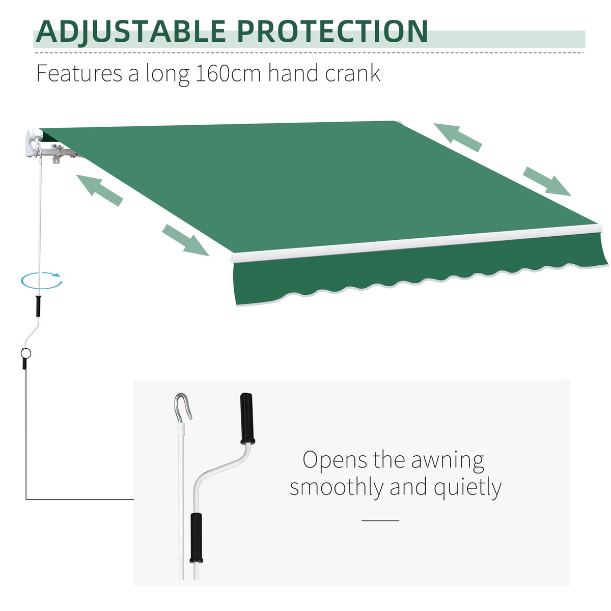 Green retractable awning with hand crank and adjustable arms