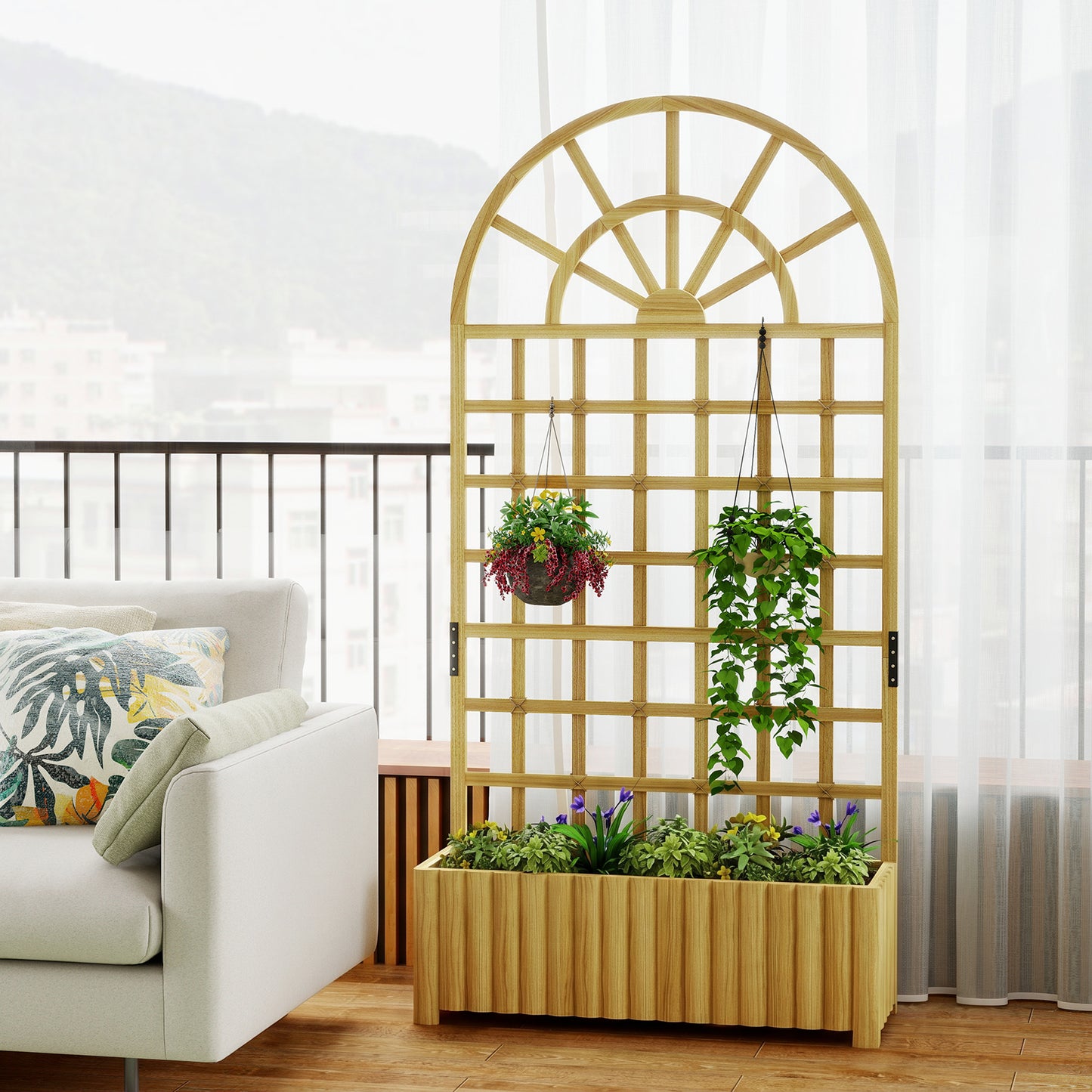 Outsunny Wooden Raised Planter with Trellis, Raised Bed for Garden with Lattice and Drainage Holes for Climbing Plants