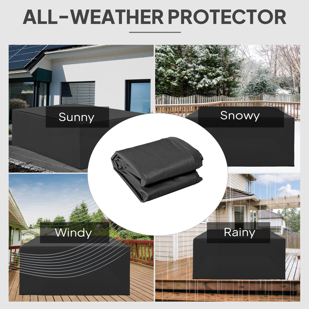 Black all-weather furniture cover folded to show its fabric