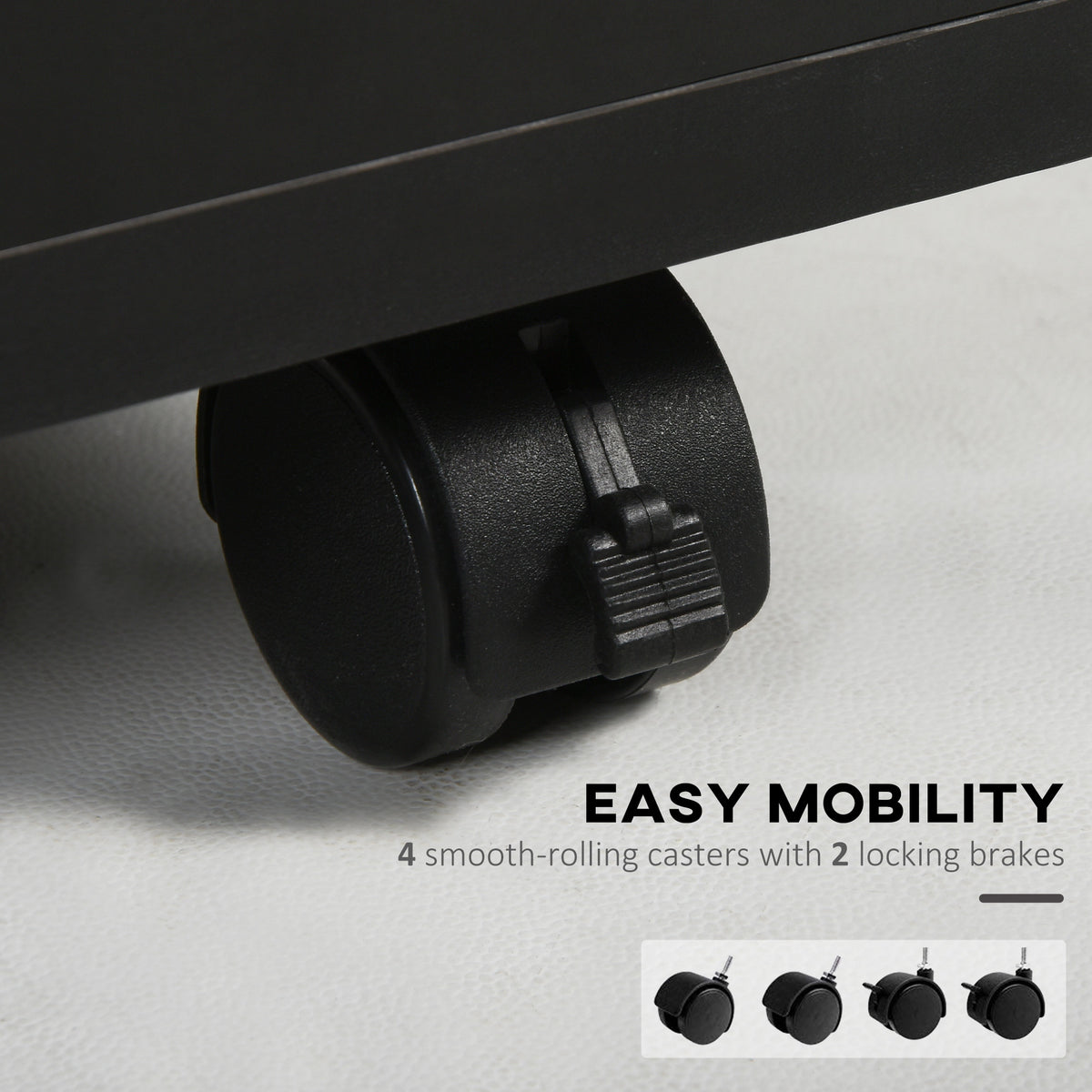 Black cabinet caster wheel with a locking brake.