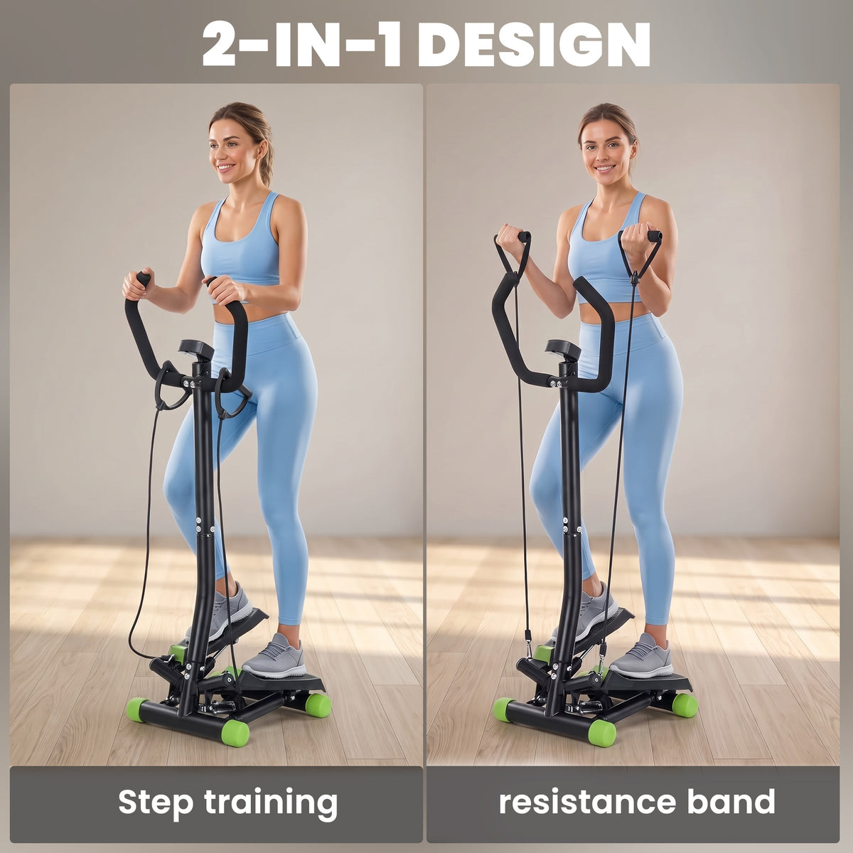 HOMCOM stepper shown with foot pedals and resistance bands in two workout modes