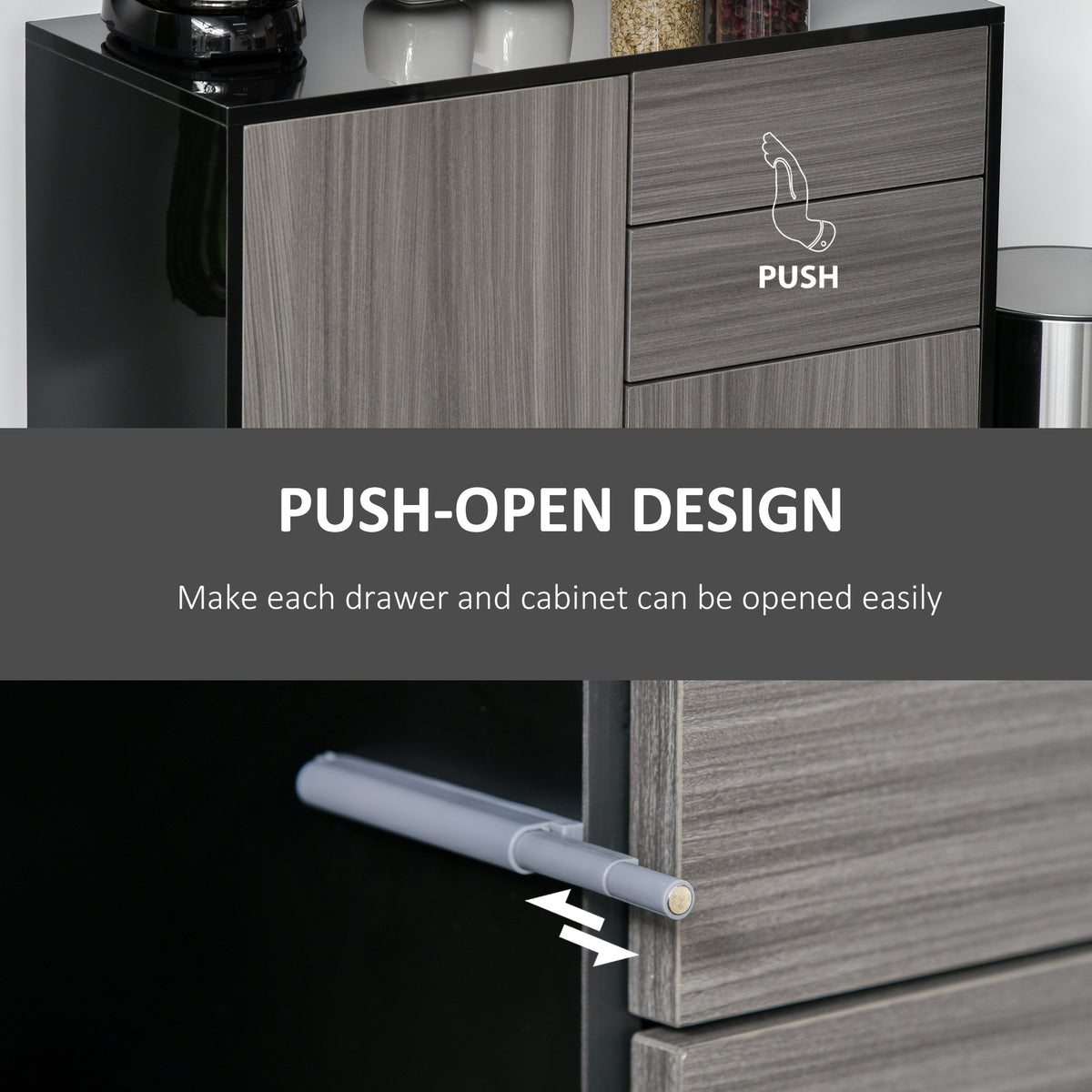 Sideboard push-open drawers with a close-up of the spring mechanism.