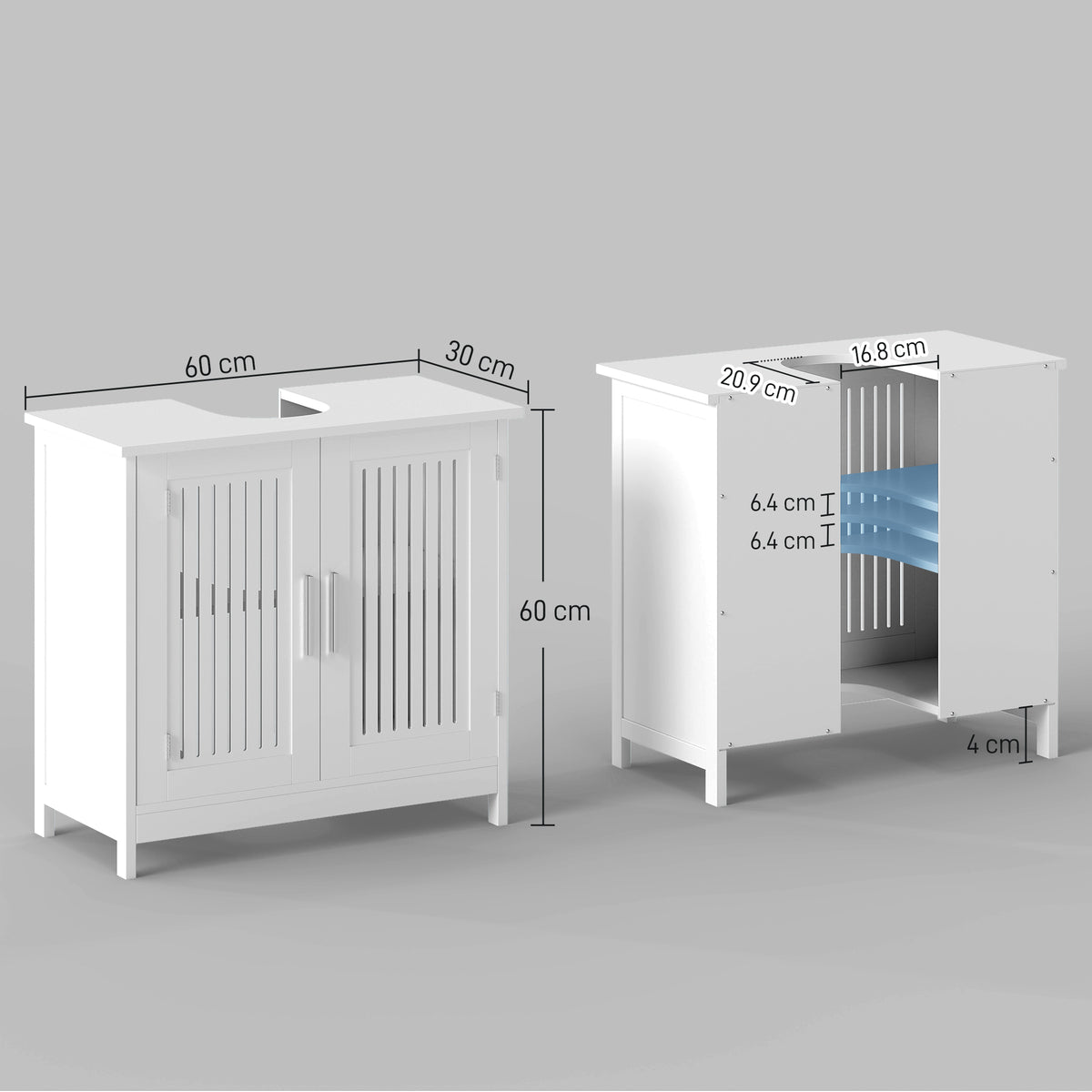 White bathroom vanity cabinet shown with dimensions and adjustable interior shelf