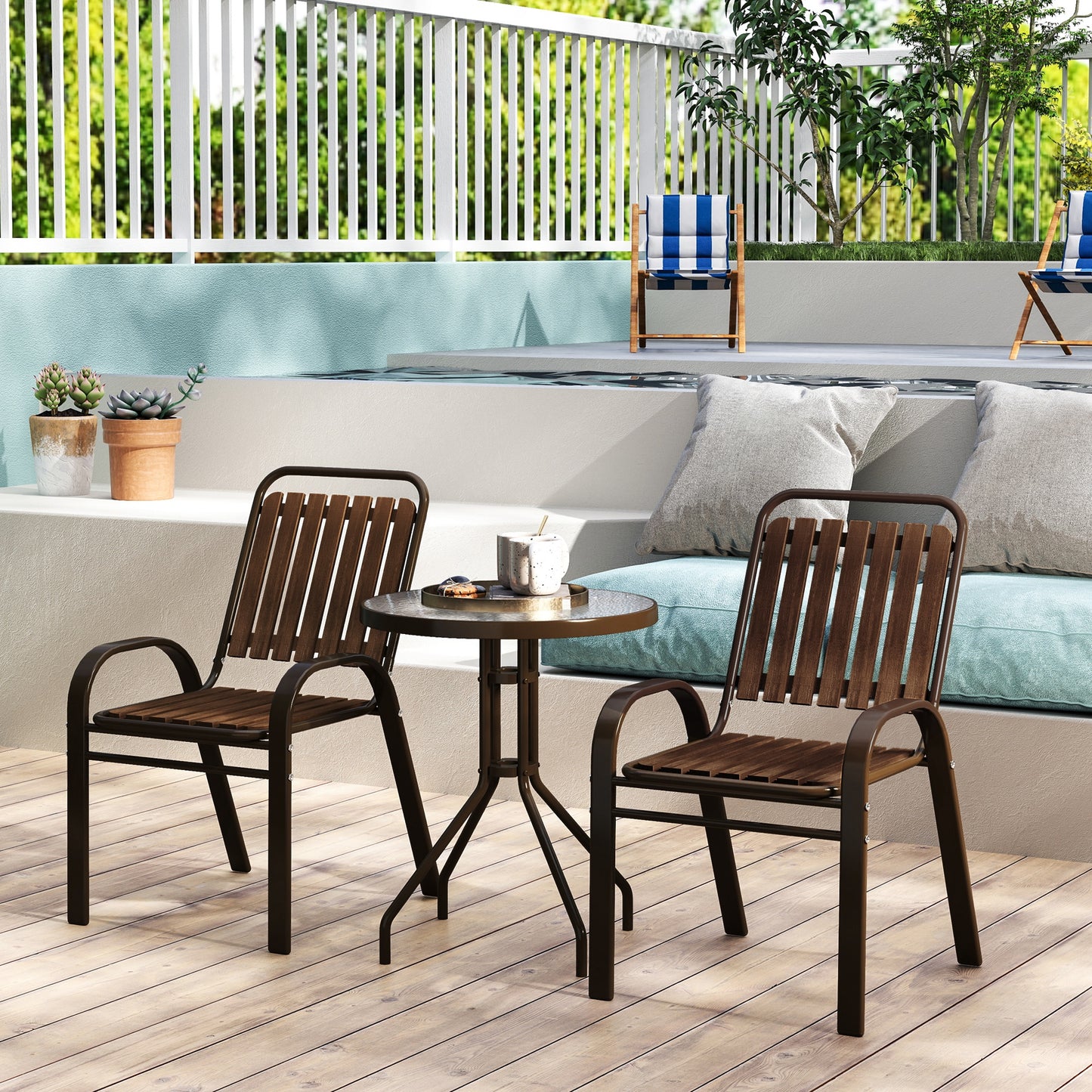 Outsunny 3 Pieces Patio Bistro Set with Stackable Chairs, Tempered Glass Table, for Outdoor, Balcony, Patio, Garden, Dark Brown