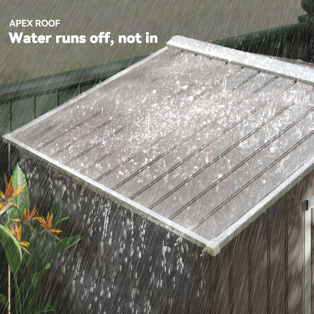 Outsunny metal shed with an apex roof designed to shed rainwater