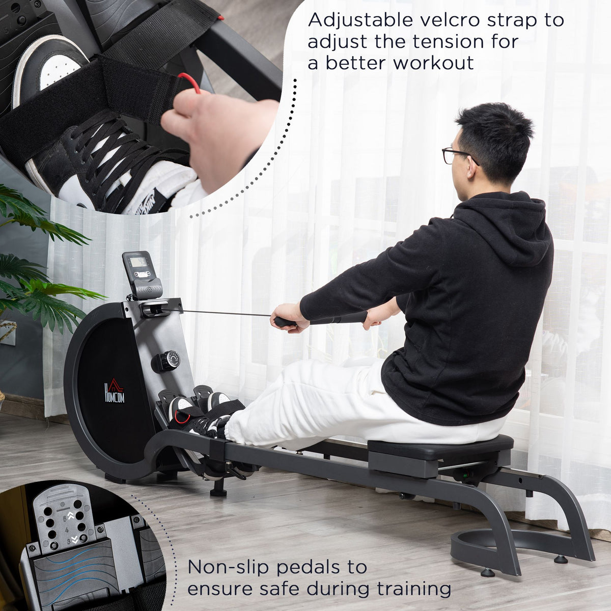 HOMCOM rowing machine with adjustable foot straps and non-slip pedals in use