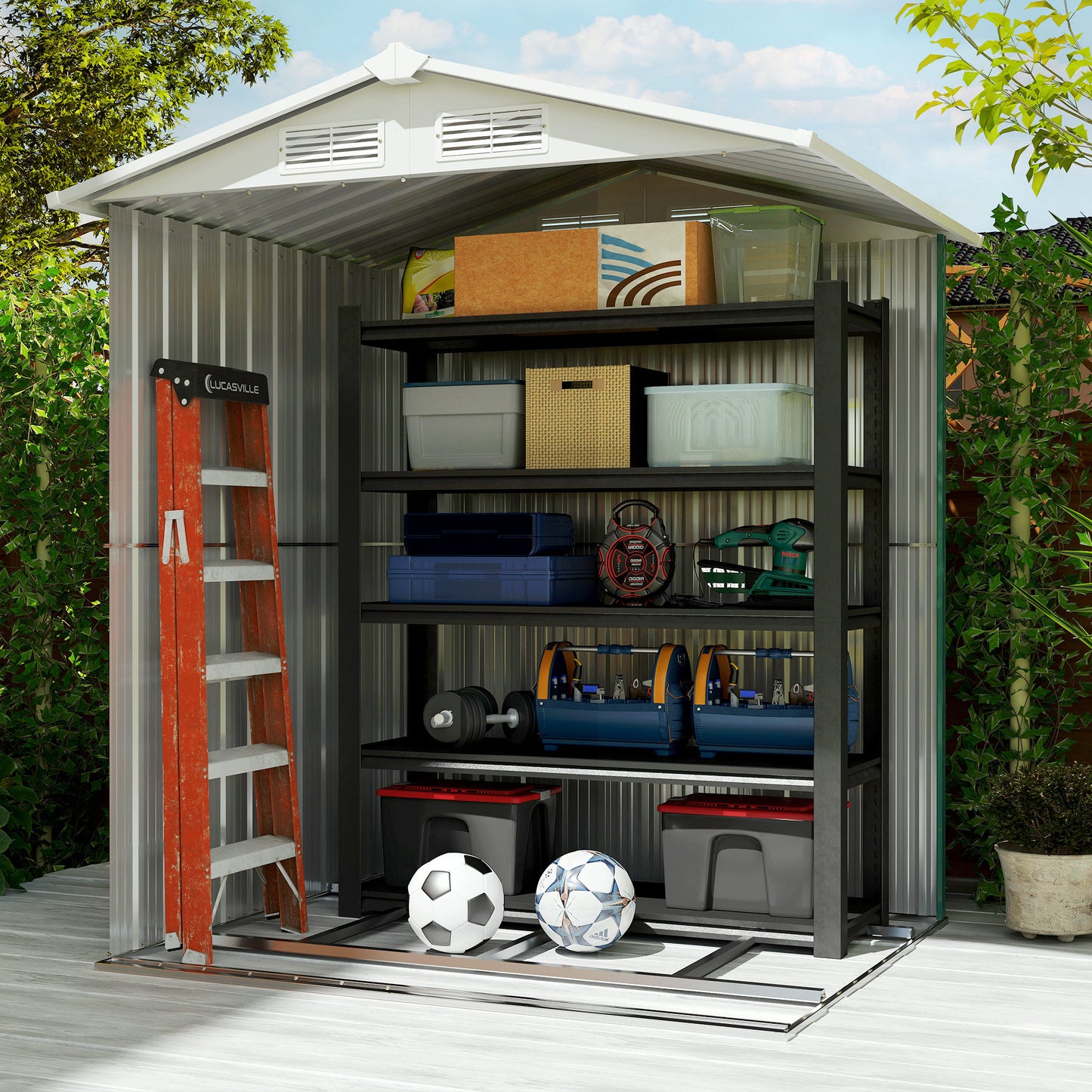 Outsunny Garden Metal Tool Storage Shed with Sliding Door, Sloped Roof and Floor Foundation, 152 x 132 x 188cm, Green