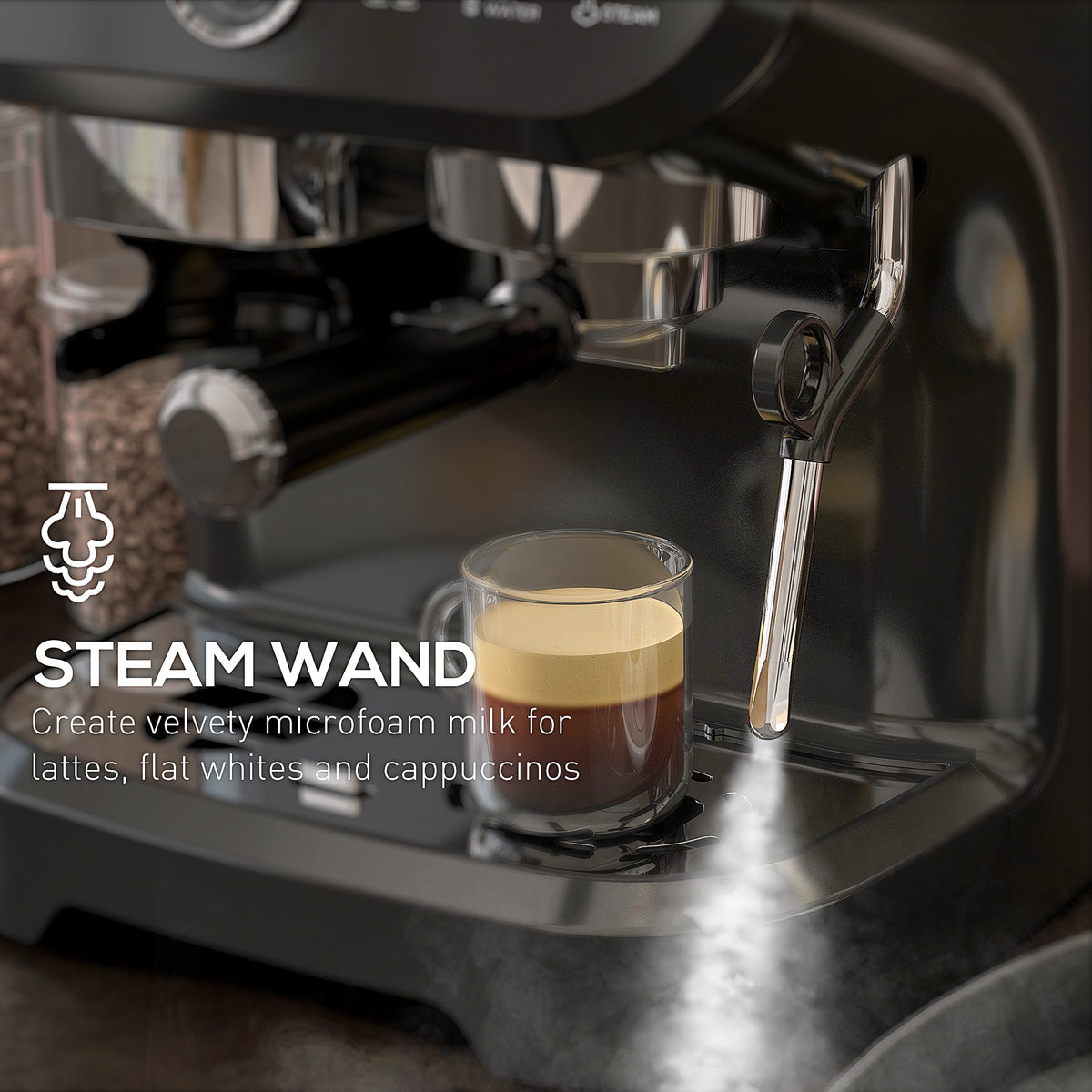 Espresso machine steam wand beside a glass of coffee, releasing steam