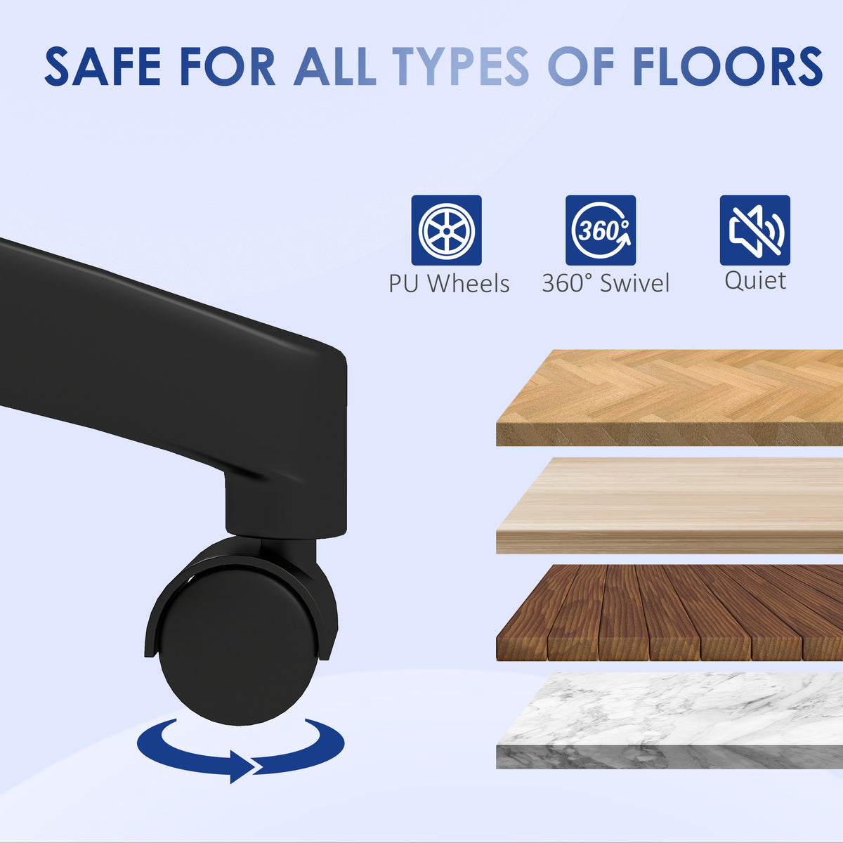 Office chair swivel caster wheel shown with floor-safe polyurethane wheel features.