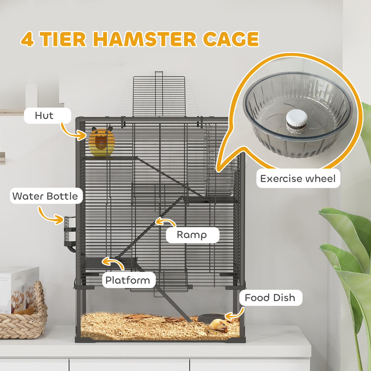 PawHut four-tier hamster cage with hut, wheel, water bottle, dish, platforms and ramps