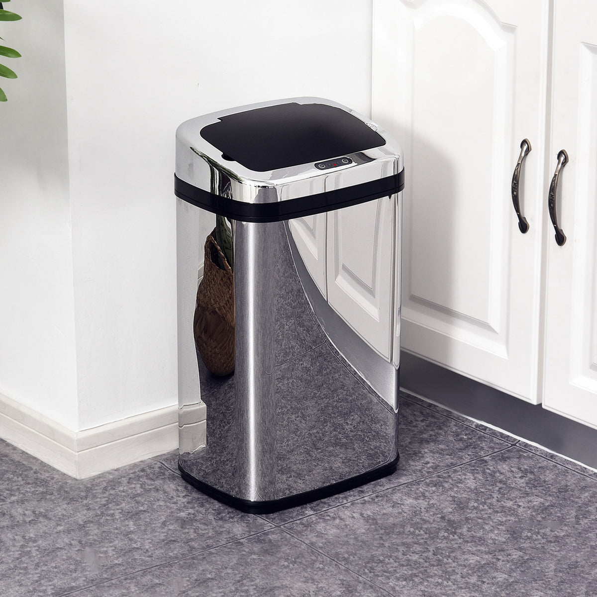Silver stainless steel bin with closed black sensor lid