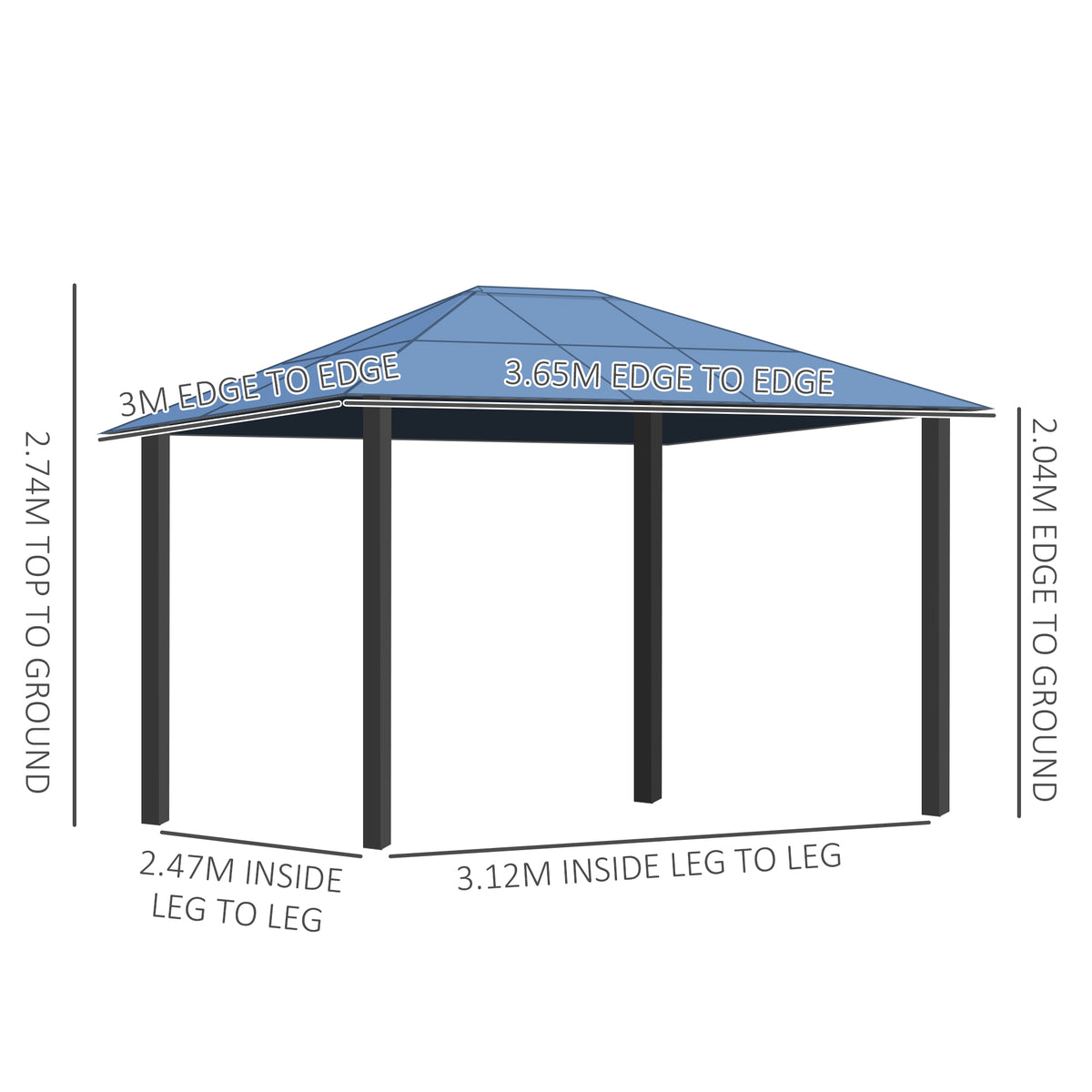 Hardtop gazebo frame with roof and leg spacing dimensions