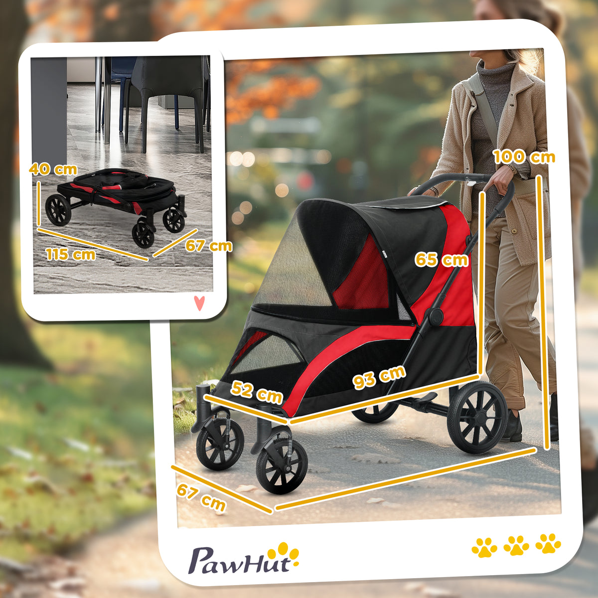 PawHut stroller shown with dimensions: 93 cm long, 52 cm wide and 100 cm high