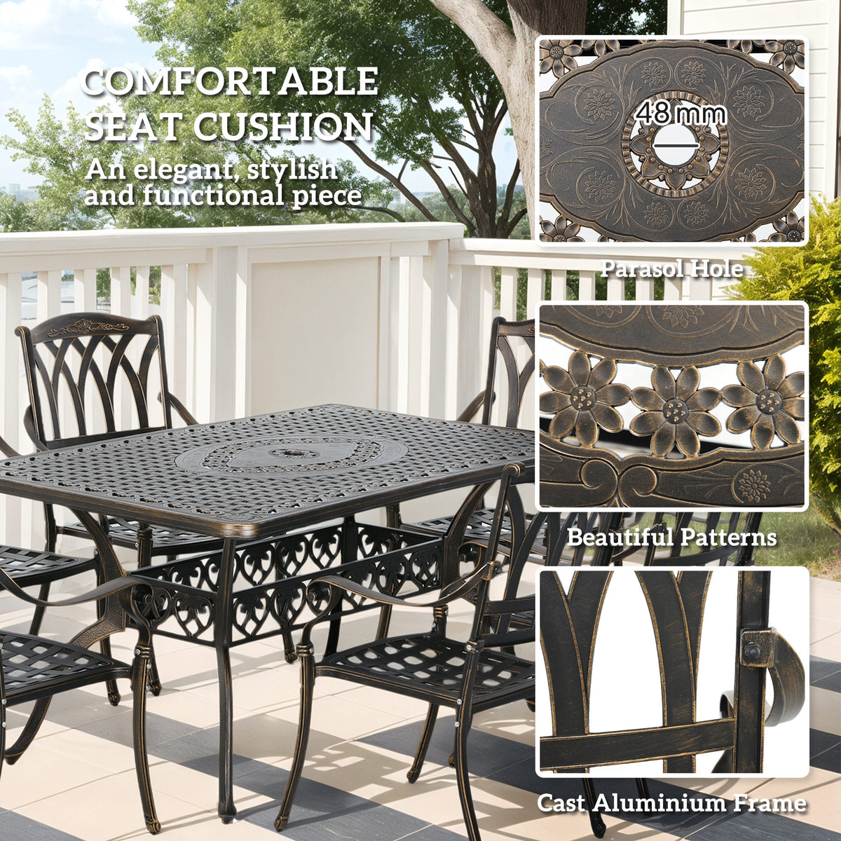 Cast aluminium garden dining set with patterned table, parasol hole and cushioned chairs