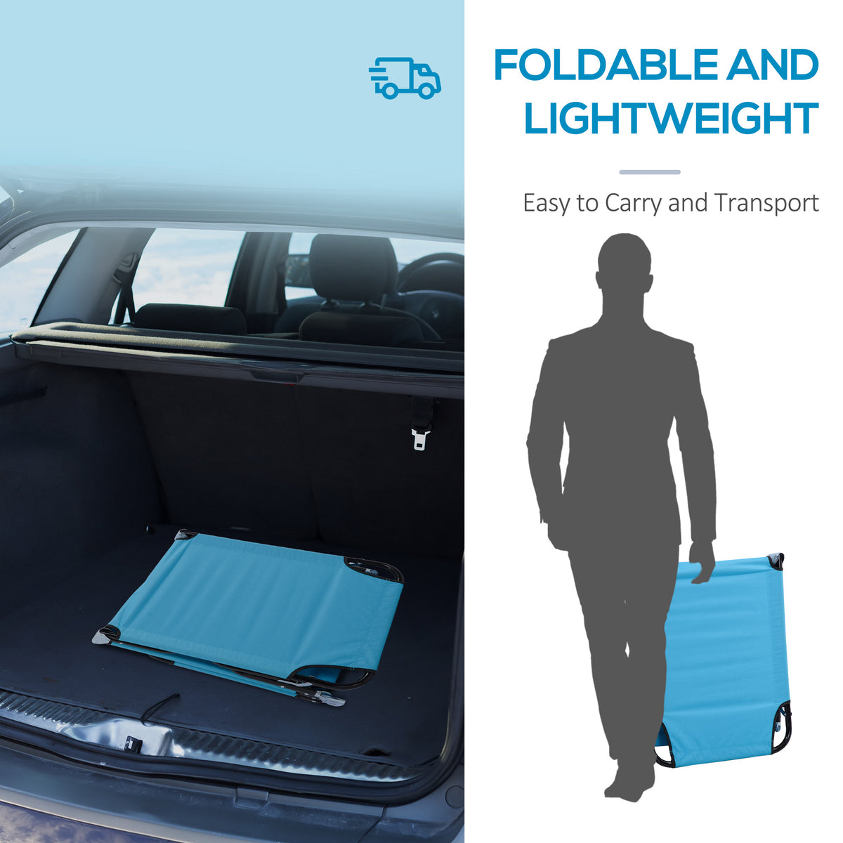 Folded light blue sun lounger shown packed for transport.
