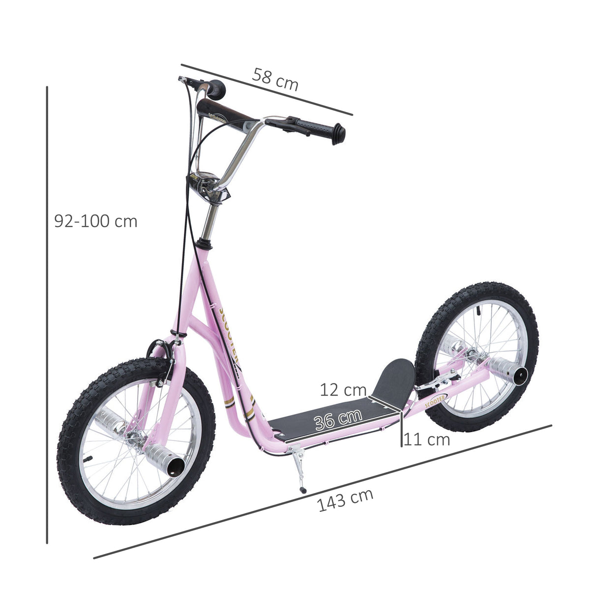 Pink HOMCOM kids scooter with large wheels and labeled overall dimensions