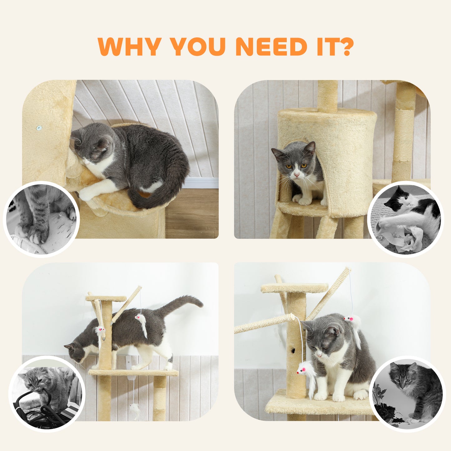PawHut Multi-Level Cat Tree with Scratching Post, Ladder, Cat House, Beige