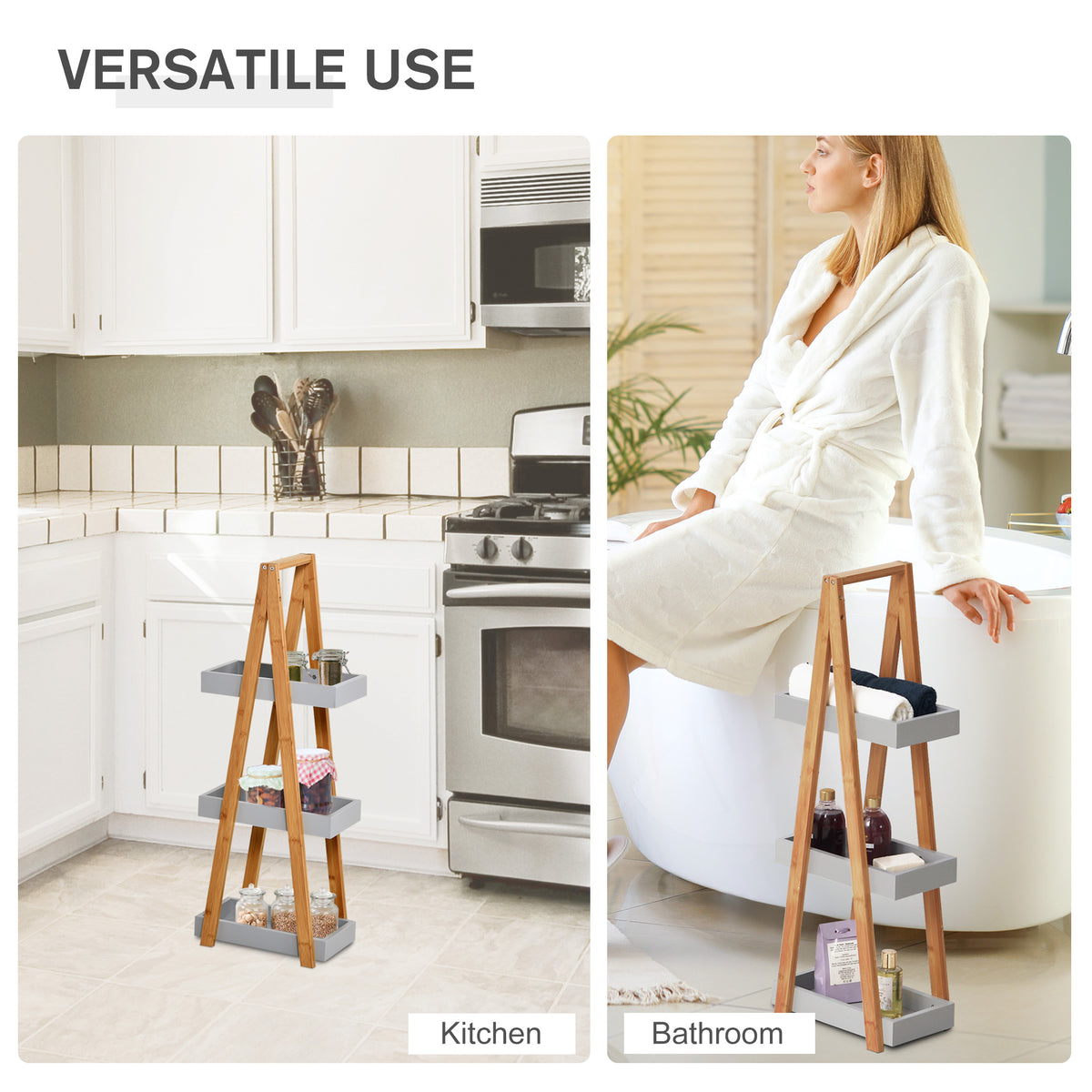 Bamboo three-tier shelf shown in kitchen and bathroom settings
