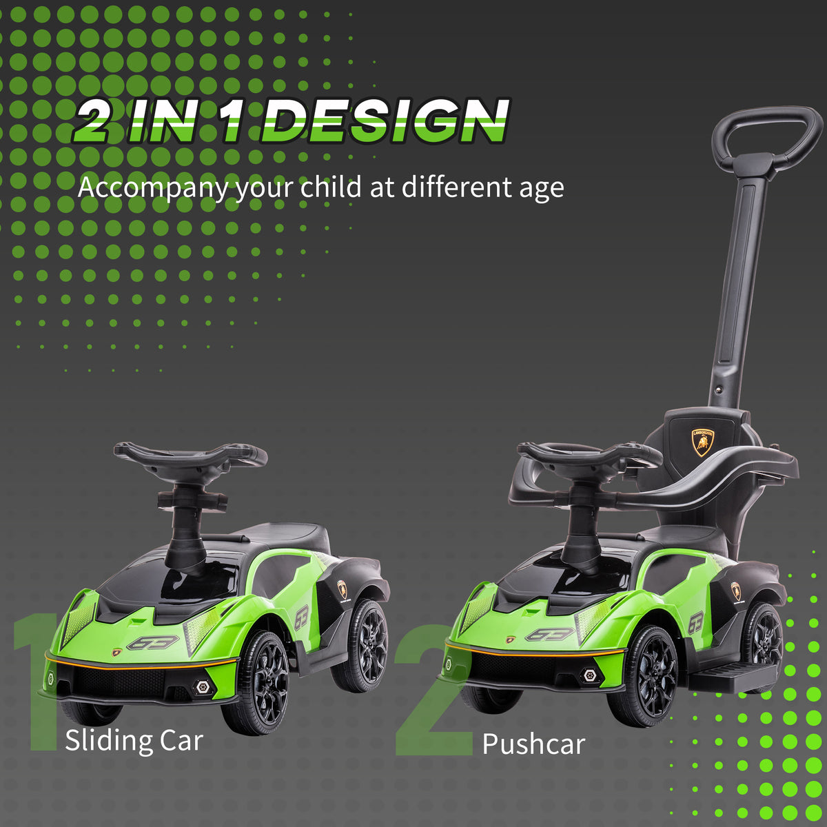 AIYAPLAY Kids 3-In-1 Lamborghini Ride-On and Stroller, with Horn - Green