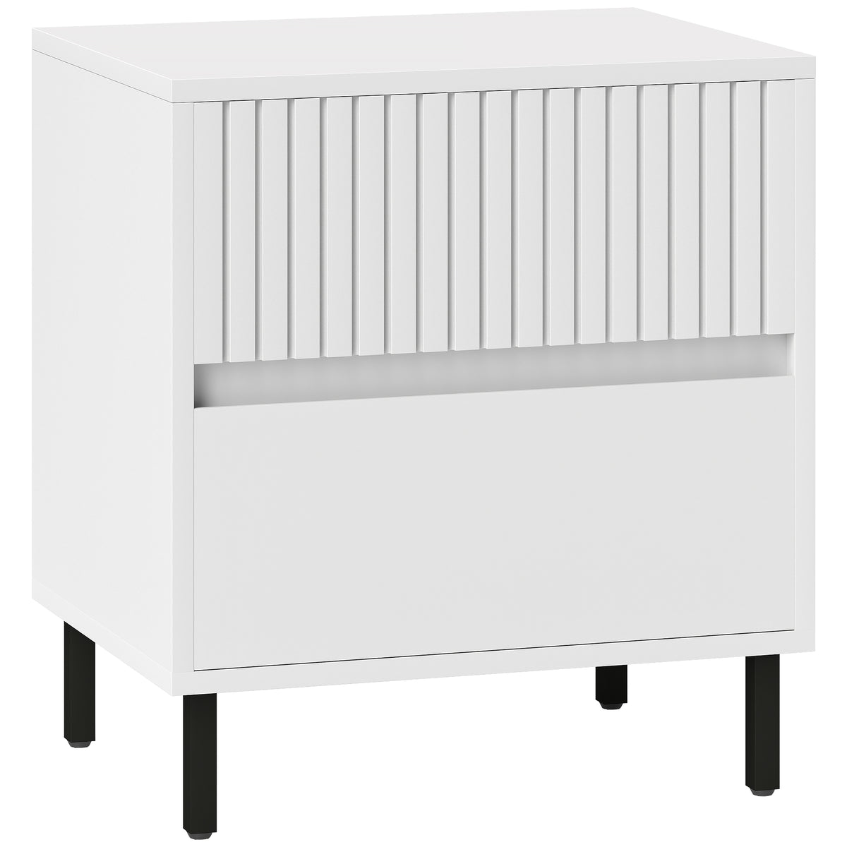 HOMCOM white two-drawer bedside table with grooved fronts and black legs