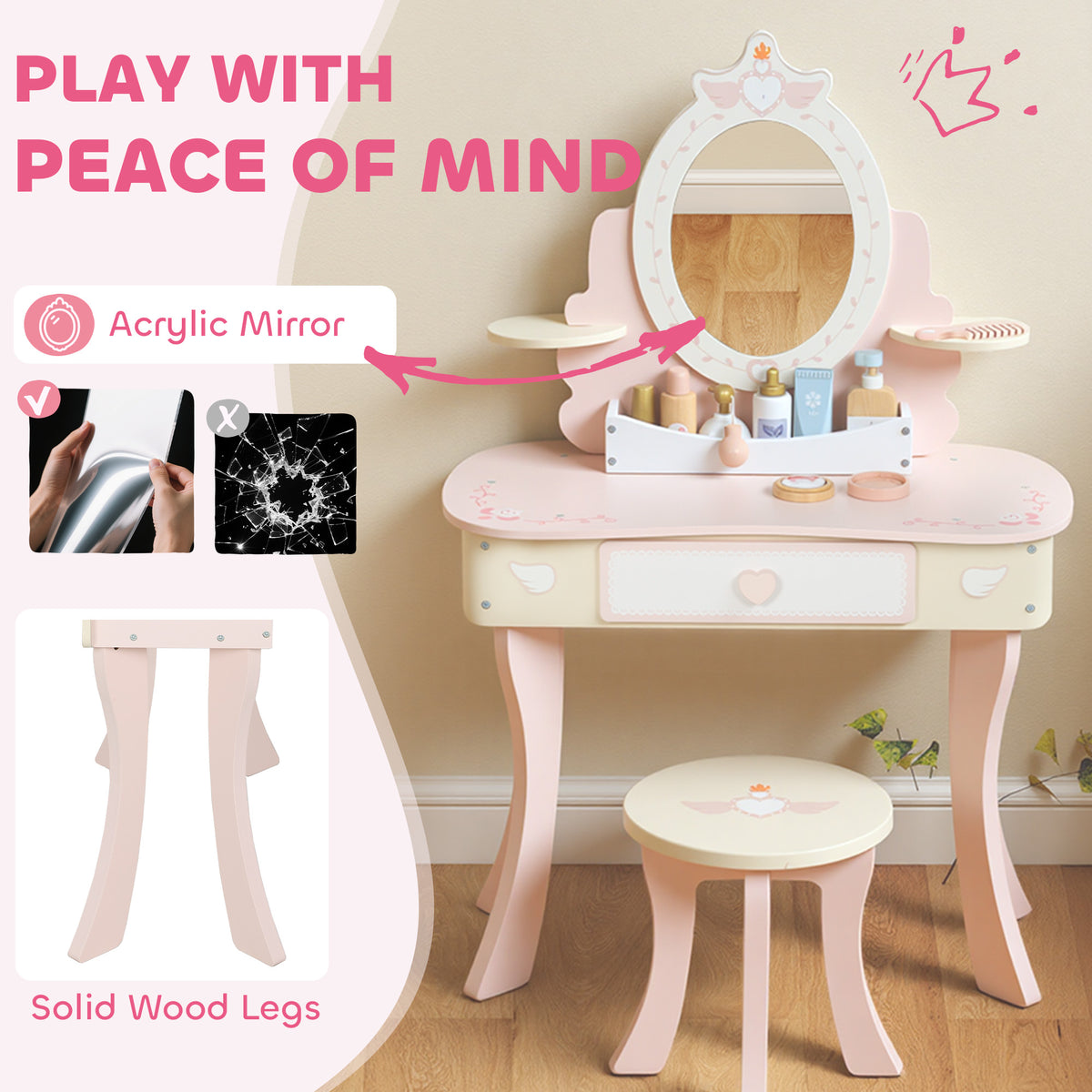 AIYAPLAY Kids Dressing Table, Girls Vanity Set with Mirror and Stool, 7 Play Accessories, Drawer, Desktop Storage, Pink
