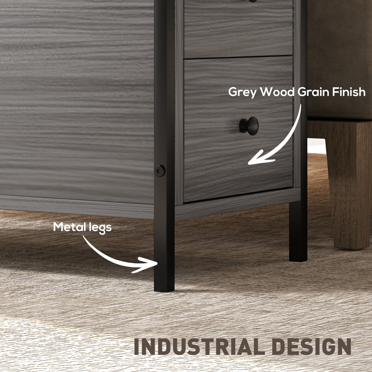Close-up of a grey wood-grain drawer and black metal legs on the side table
