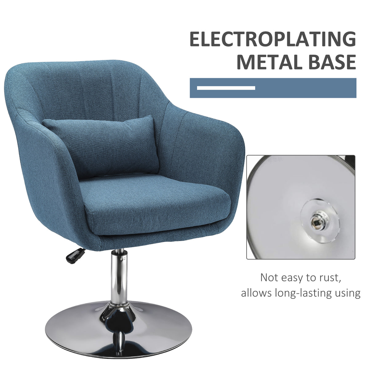 Blue upholstered swivel chair with chrome-plated metal base and lumbar pillow