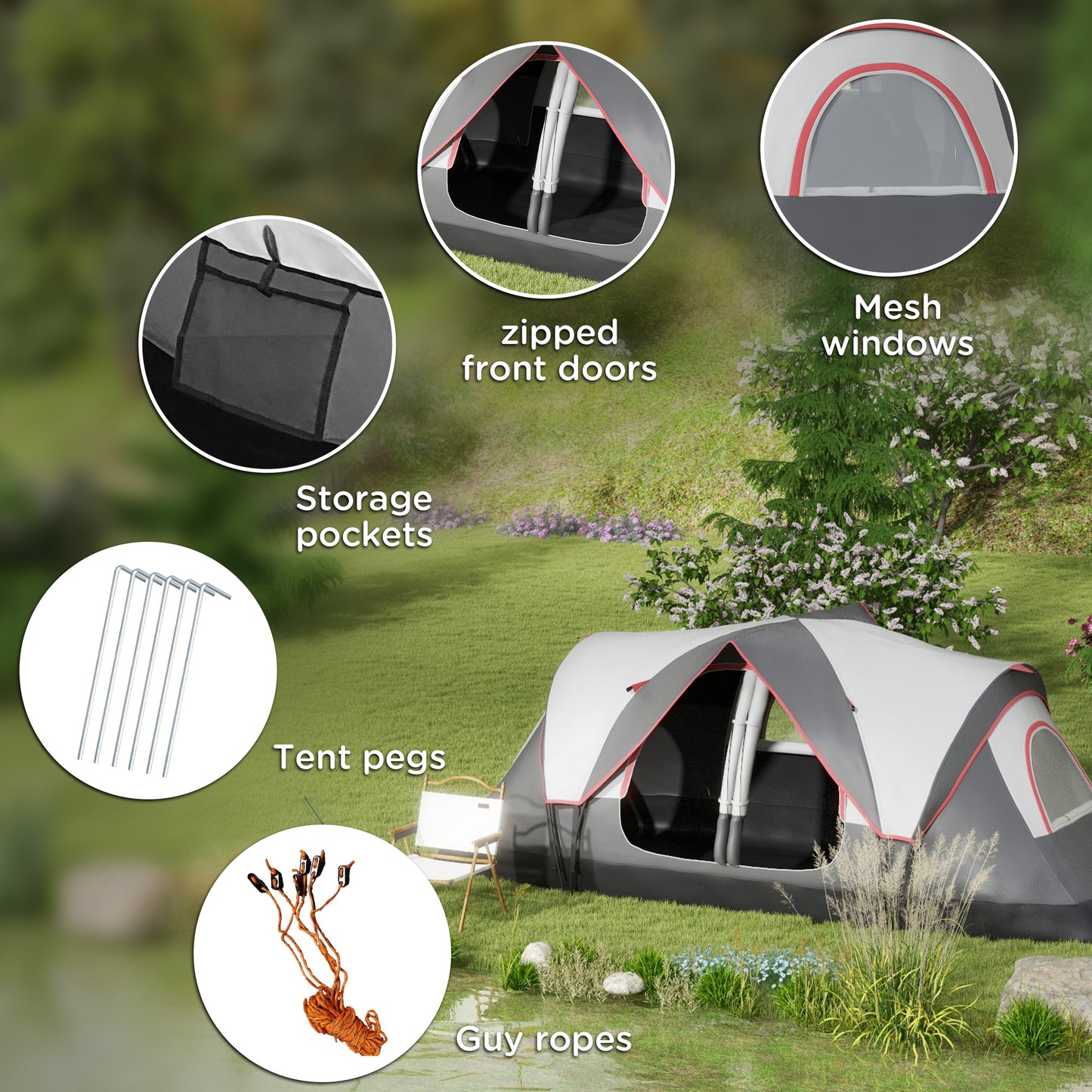 Outsunny Camping Tent for 6 Man with 2000mm Waterproof Rainfly and Carry Bag for Fishing Hiking Festival, Grey
