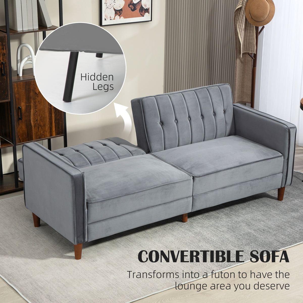 Convertible gray sofa bed with one side folded flat and wooden legs