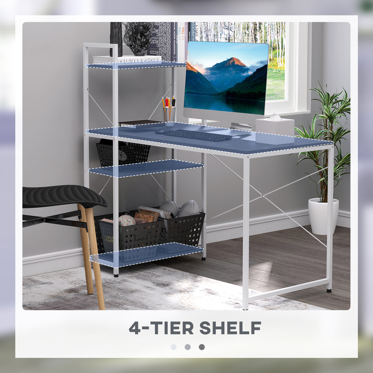 Computer desk with four storage shelves arranged on the left