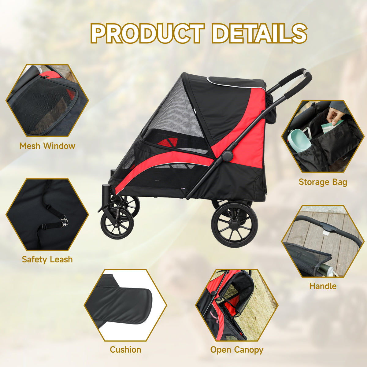 PawHut stroller details showing mesh windows, safety leash, cushion, storage bag and open canopy