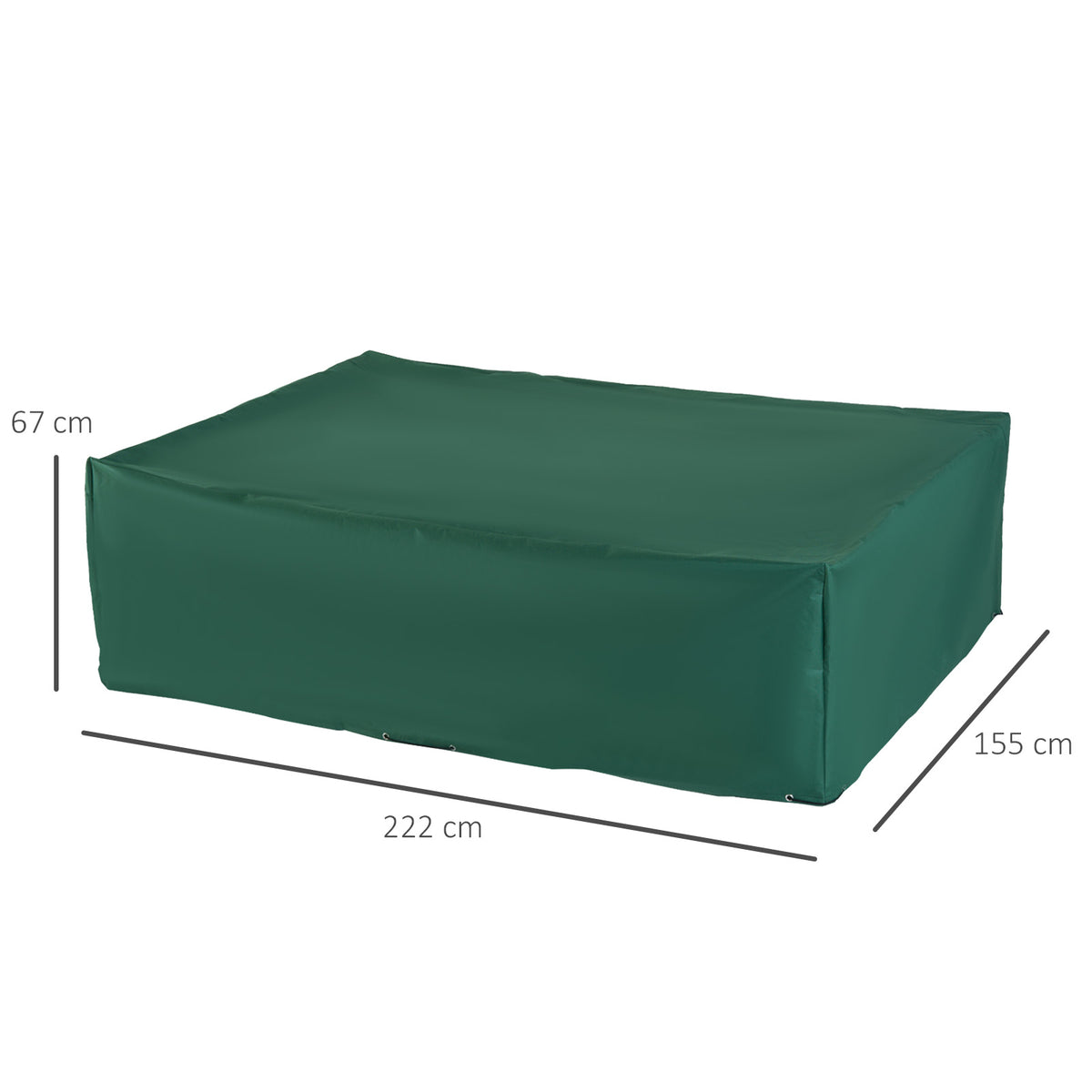 Green rectangular furniture cover with dimensions of 222 x 155 x 67 cm