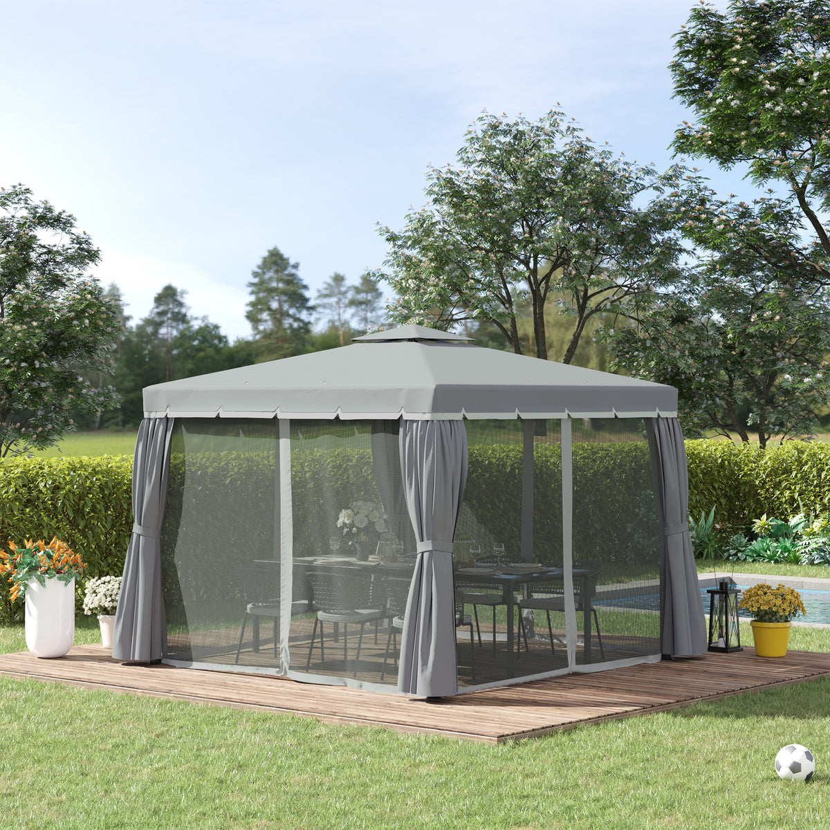 Dark gray patio gazebo with two-tier roof, mosquito netting, curtains, and aluminum frame