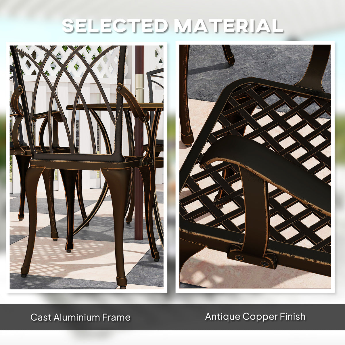 Outsunny cast aluminum armchair and table details with antique copper finish and latticework