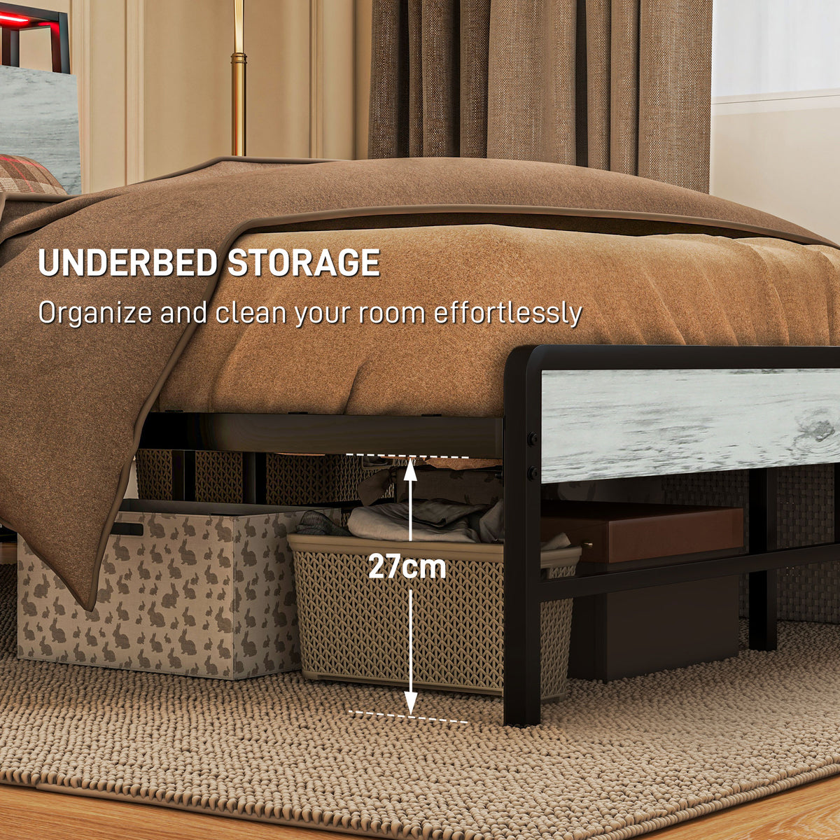 HOMCOM Single Steel Bed Frame, with LED Lights and Shelf - Grey