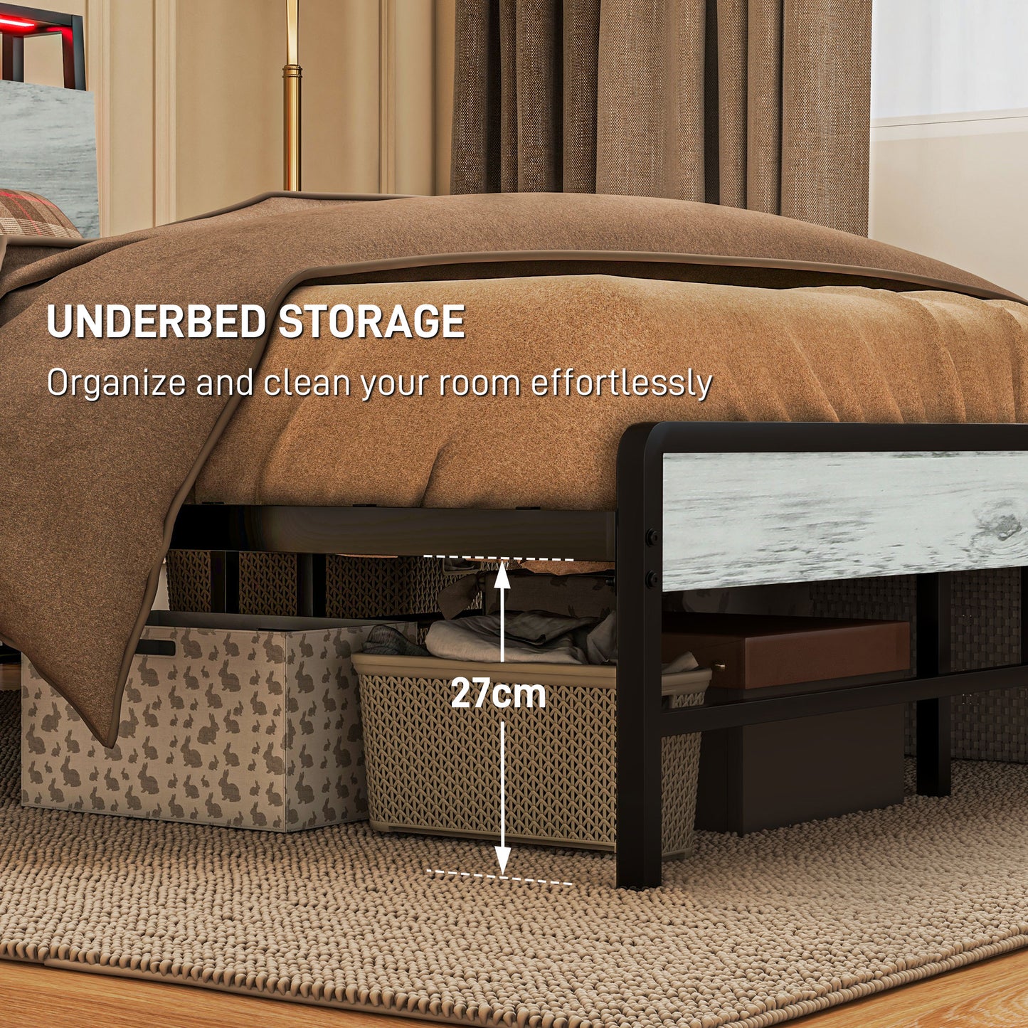 HOMCOM Single Steel Bed Frame, with LED Lights and Shelf - Grey