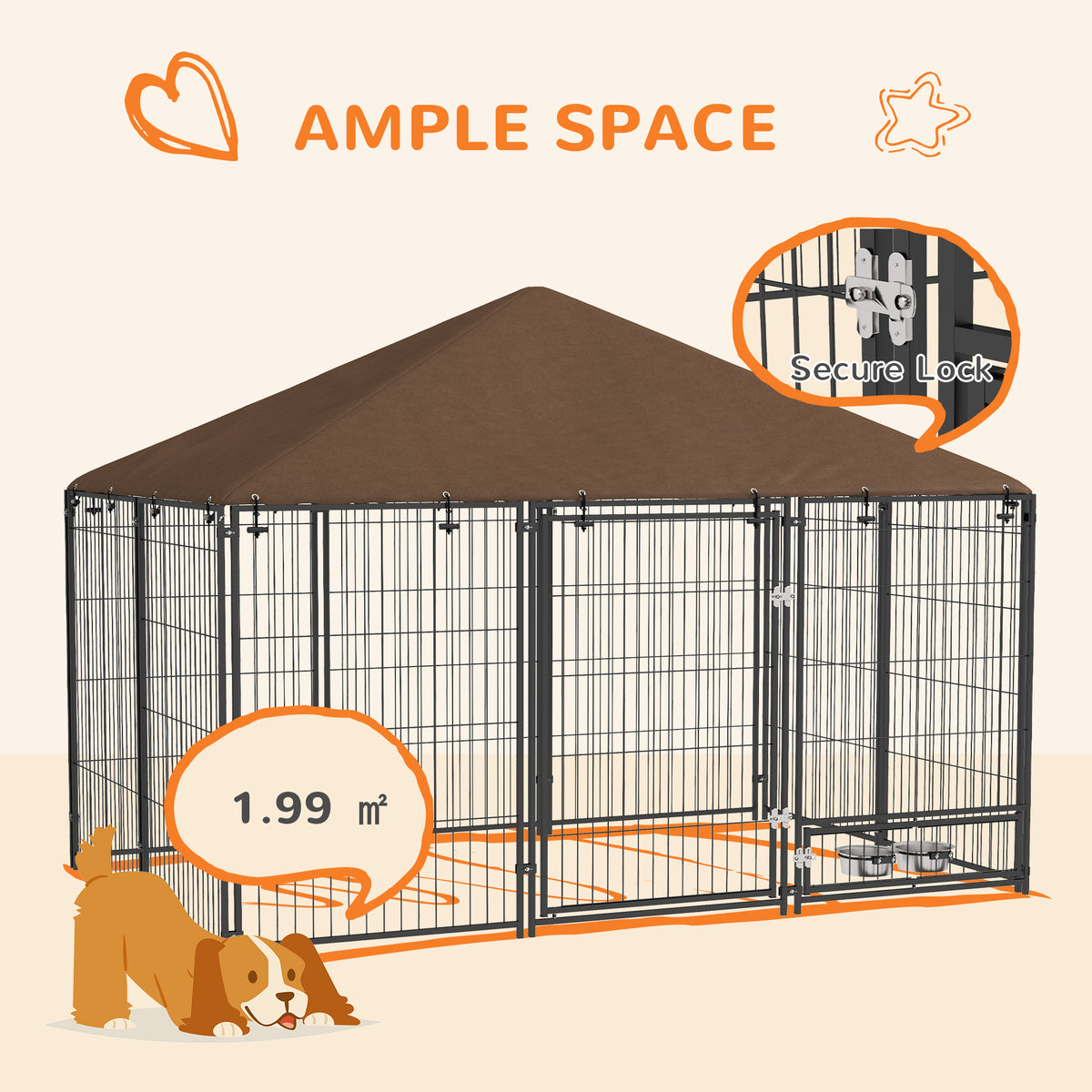 PawHut Large Dog Kennel Outdoor Dog Play Pen with Canopy Rotating Bowl for Large Dogs, Brown