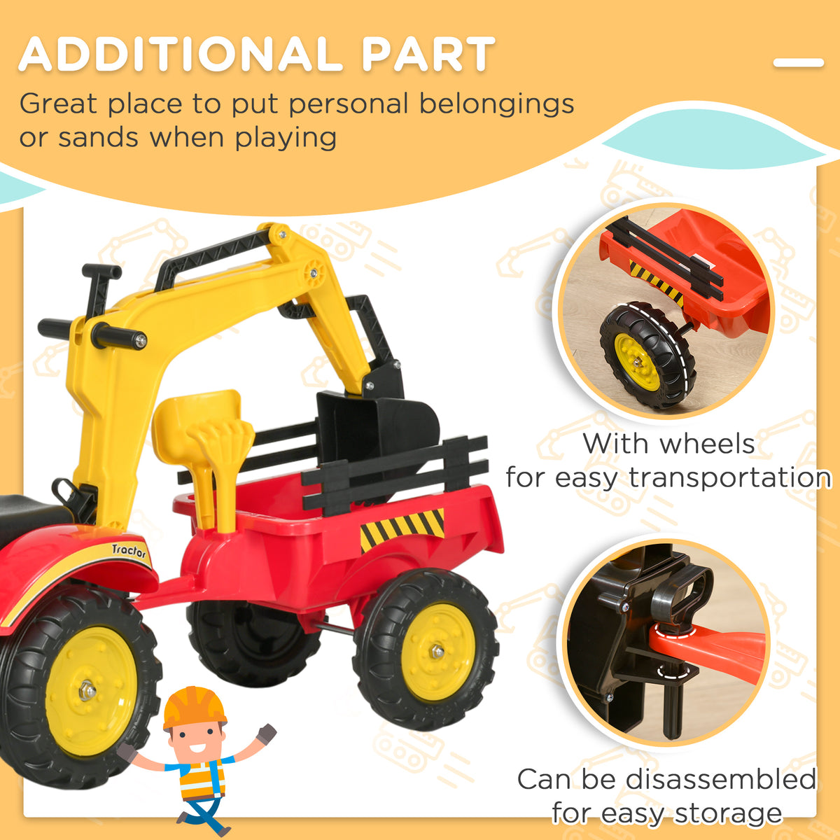 Ride-on tractor's removable rear trailer has a storage bed and wheels