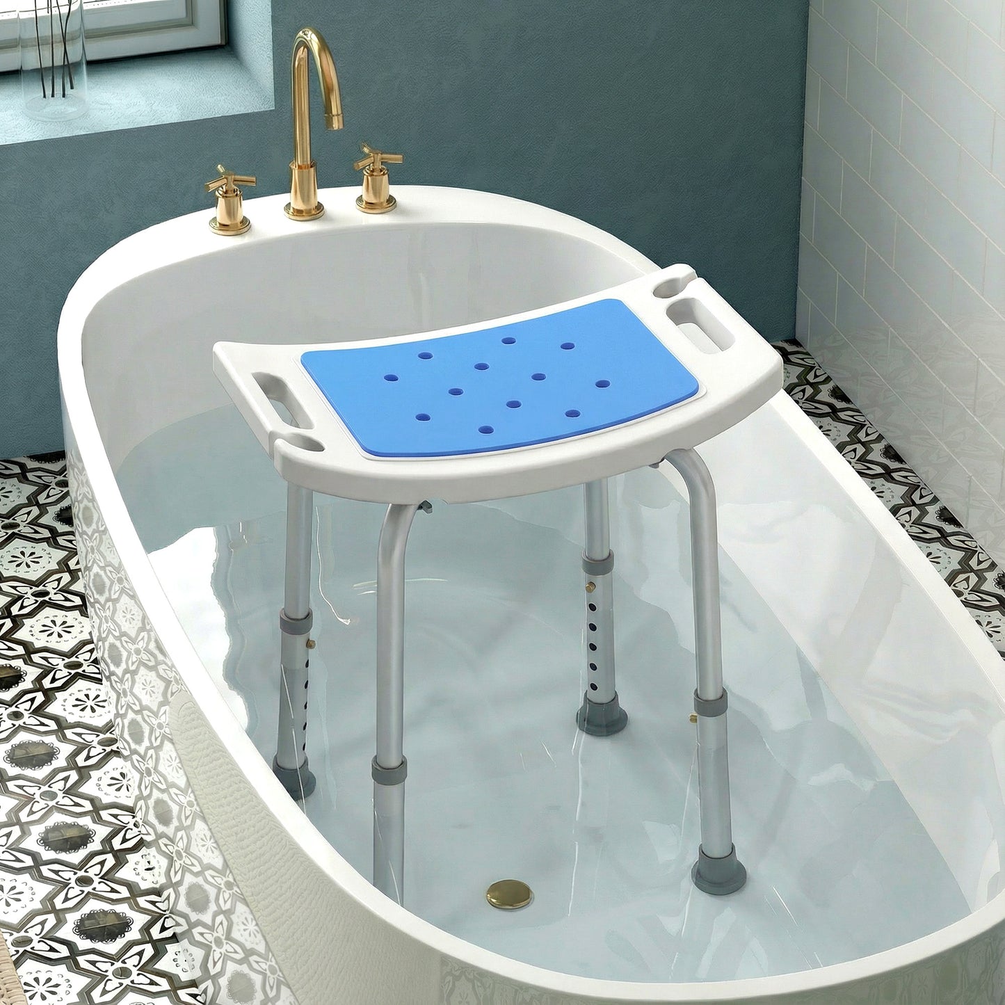 HOMCOM Shower Chair, Adjustable Height Shower Stool with Aluminium Frame and Non-Slip Feet, Bathtub Stool Seat with Padded Seat for Elderly Disabled Handicap, Blue