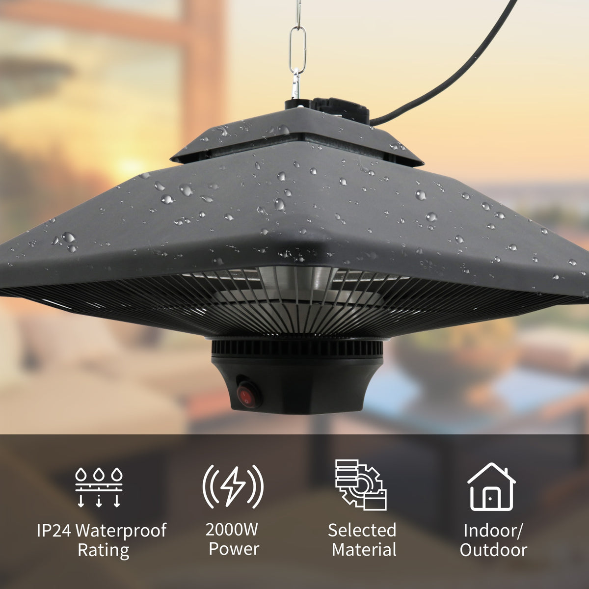 Waterproof black hanging patio heater with a visible power cord and halogen element