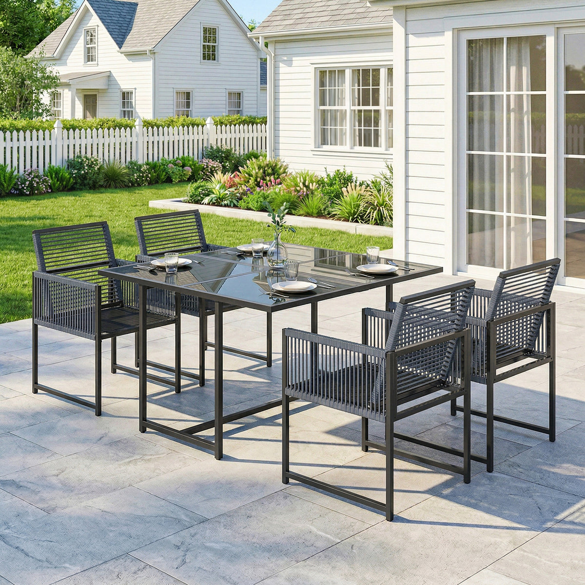 Outsunny 5 Pieces Garden Dining Set, Outdoor Patio Cube Set, 4 Seater Outdoor Table and Chairs with Foldable Backrest, Dark Grey