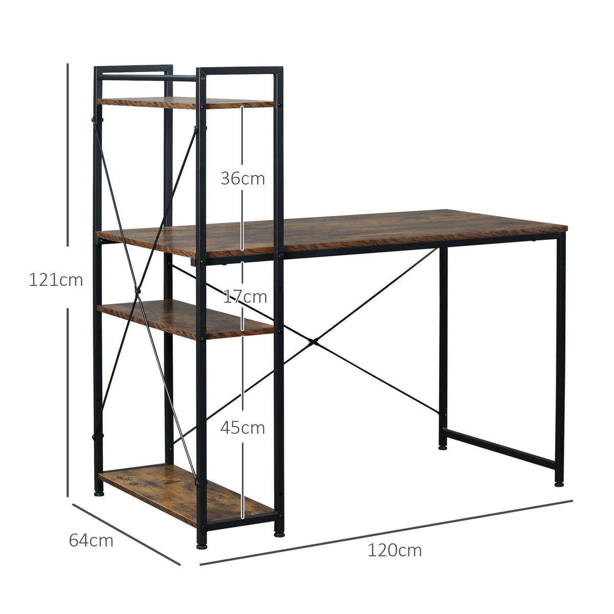 Computer desk with side shelving, shown with dimensions of 120 x 64 x 121 cm