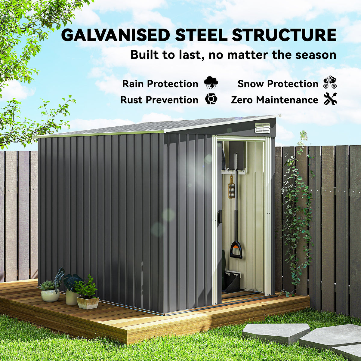 Outsunny metal shed with sliding door open, showing the storage interior